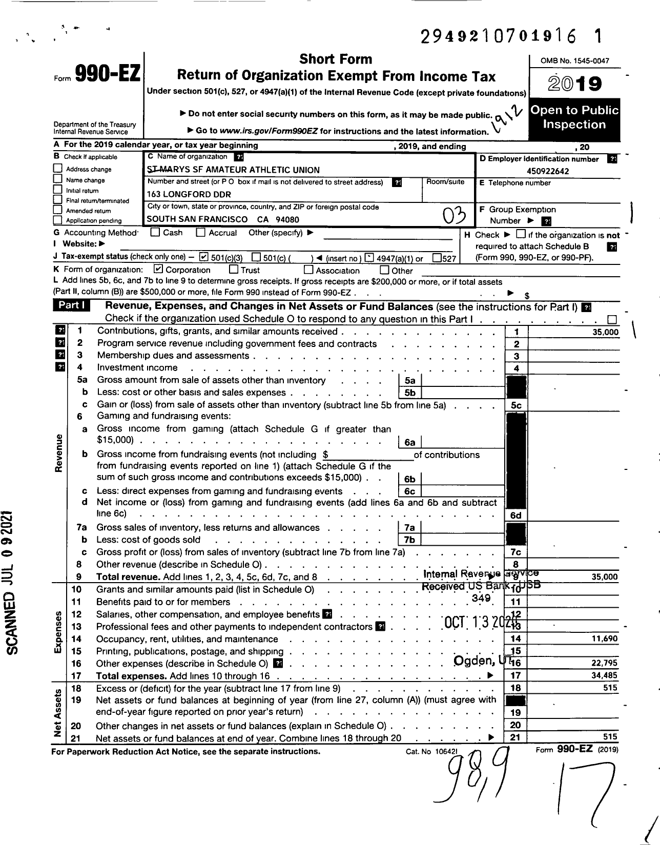 Image of first page of 2019 Form 990EZ for St Marys SF Amateur Athletic Union