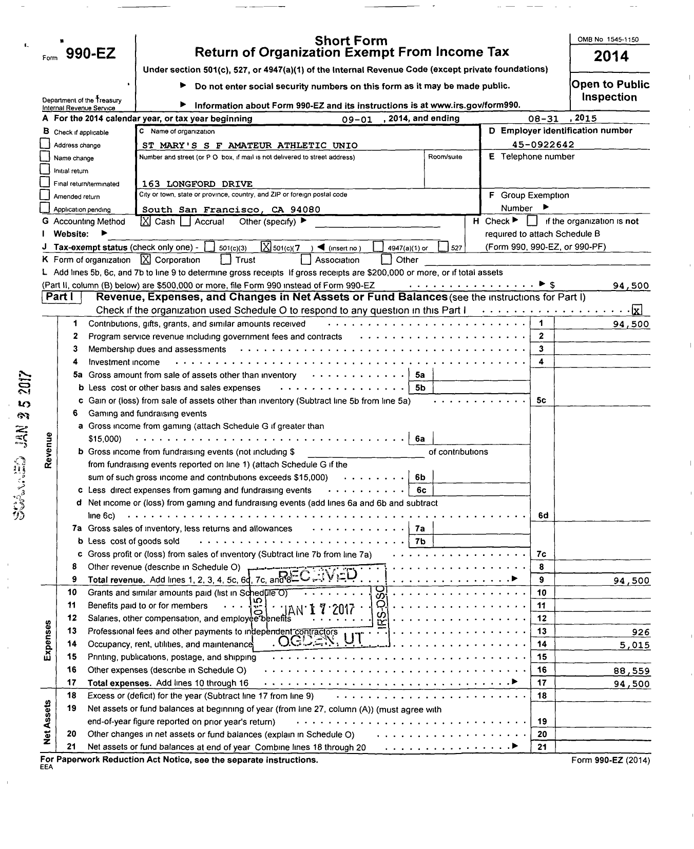 Image of first page of 2014 Form 990EO for St Marys SF Amateur Athletic Union