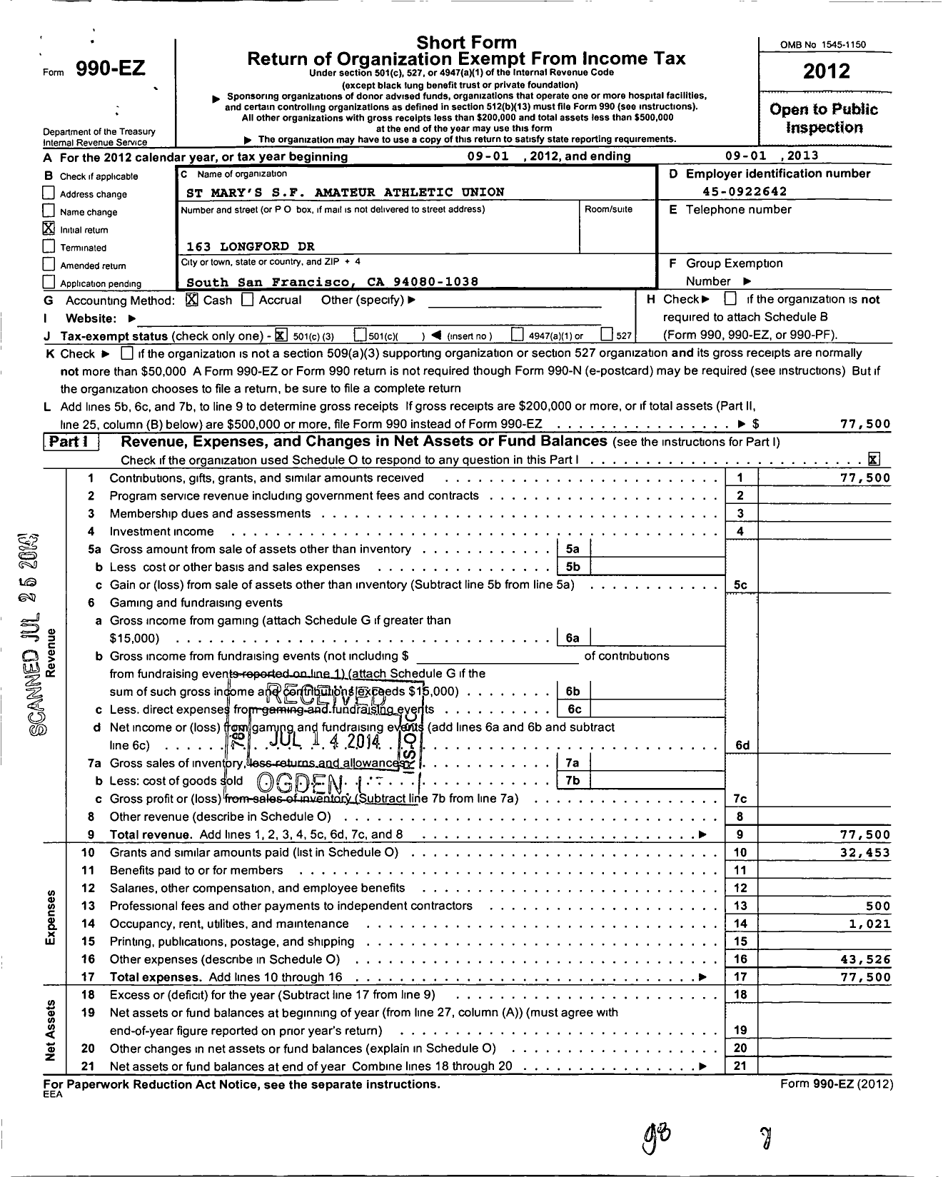 Image of first page of 2012 Form 990EZ for St Marys SF Amateur Athletic Union