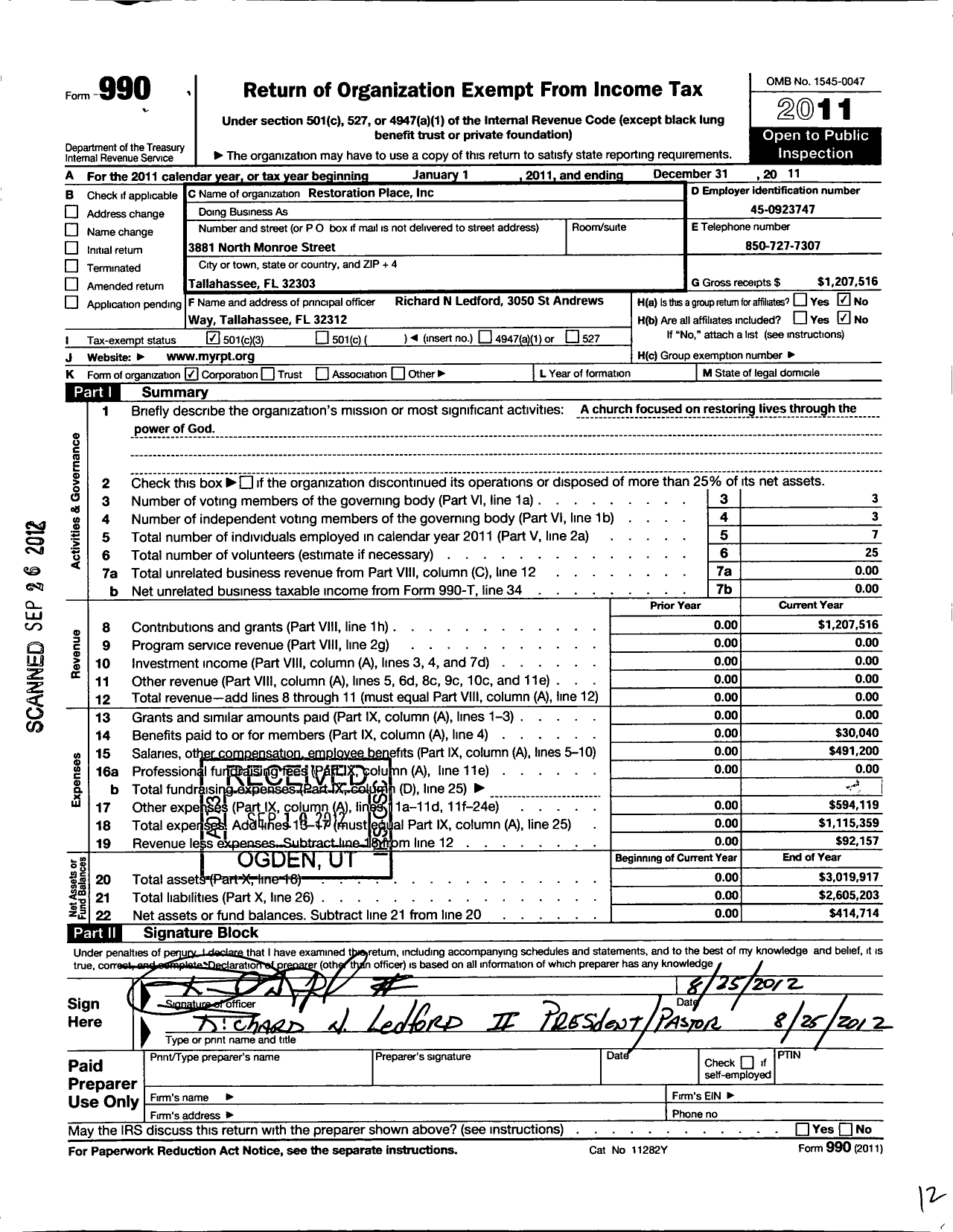 Image of first page of 2011 Form 990 for Restoration Place