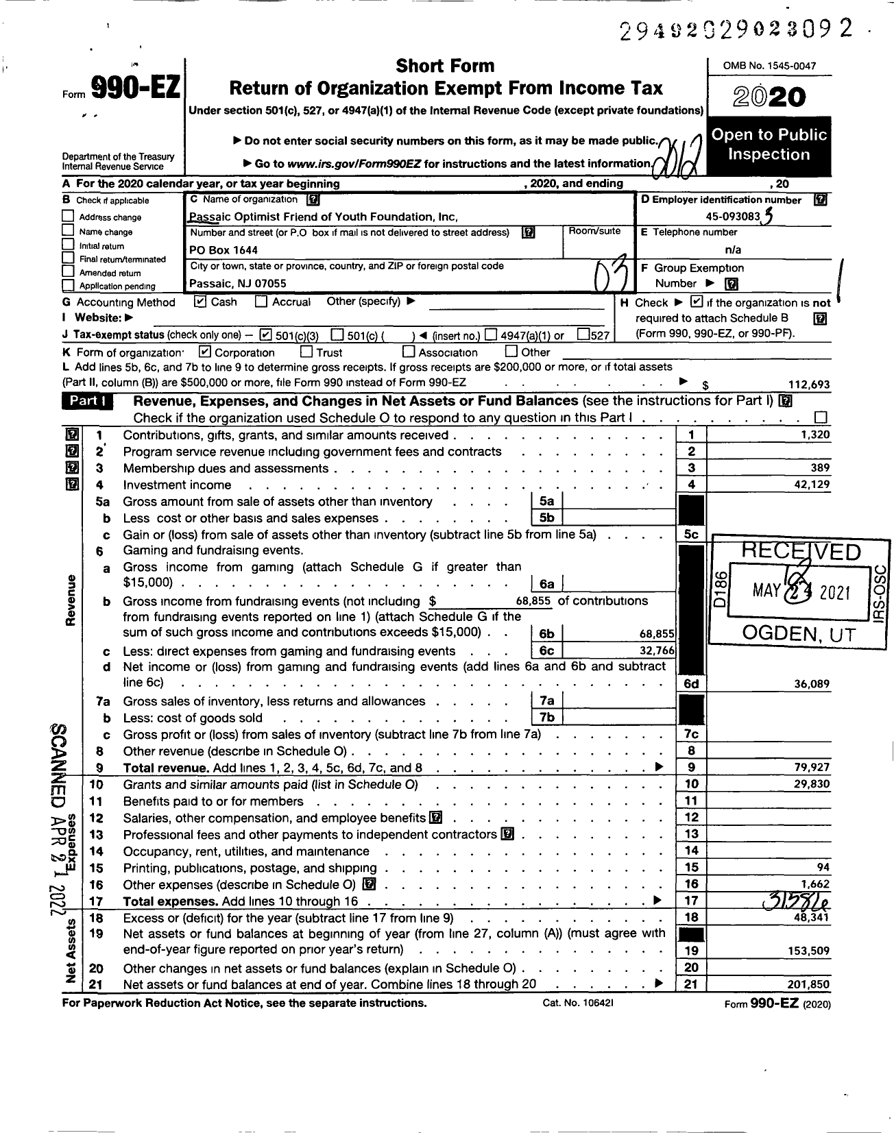 Image of first page of 2020 Form 990EZ for Passaic Optimist Friend of Youth Foundation