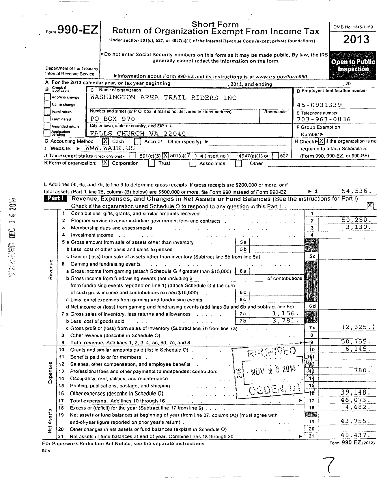 Image of first page of 2013 Form 990EO for Washington Area Trail Riders