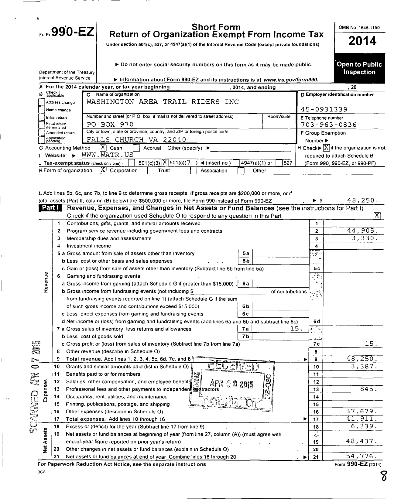 Image of first page of 2014 Form 990EO for Washington Area Trail Riders