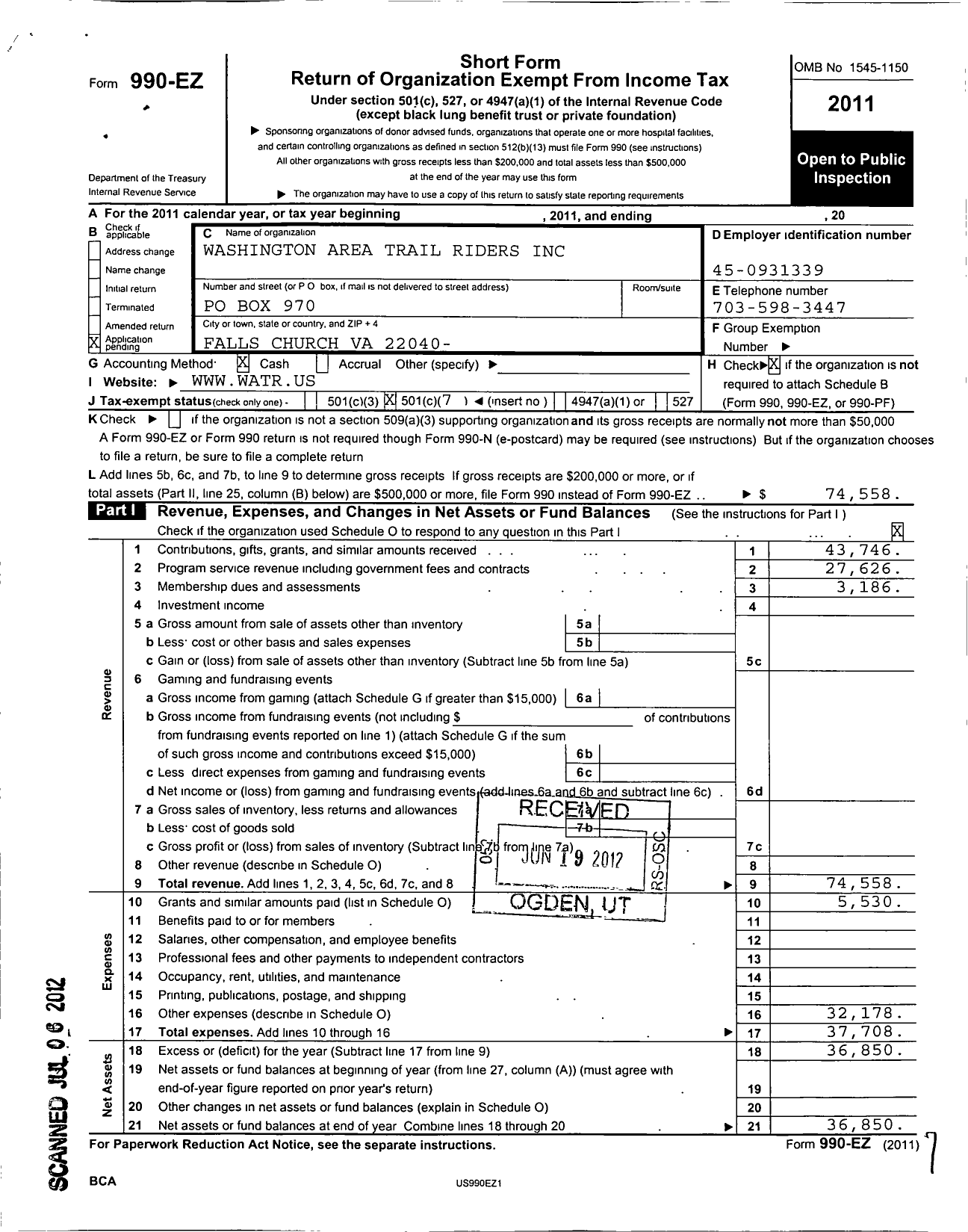 Image of first page of 2011 Form 990EO for Washington Area Trail Riders