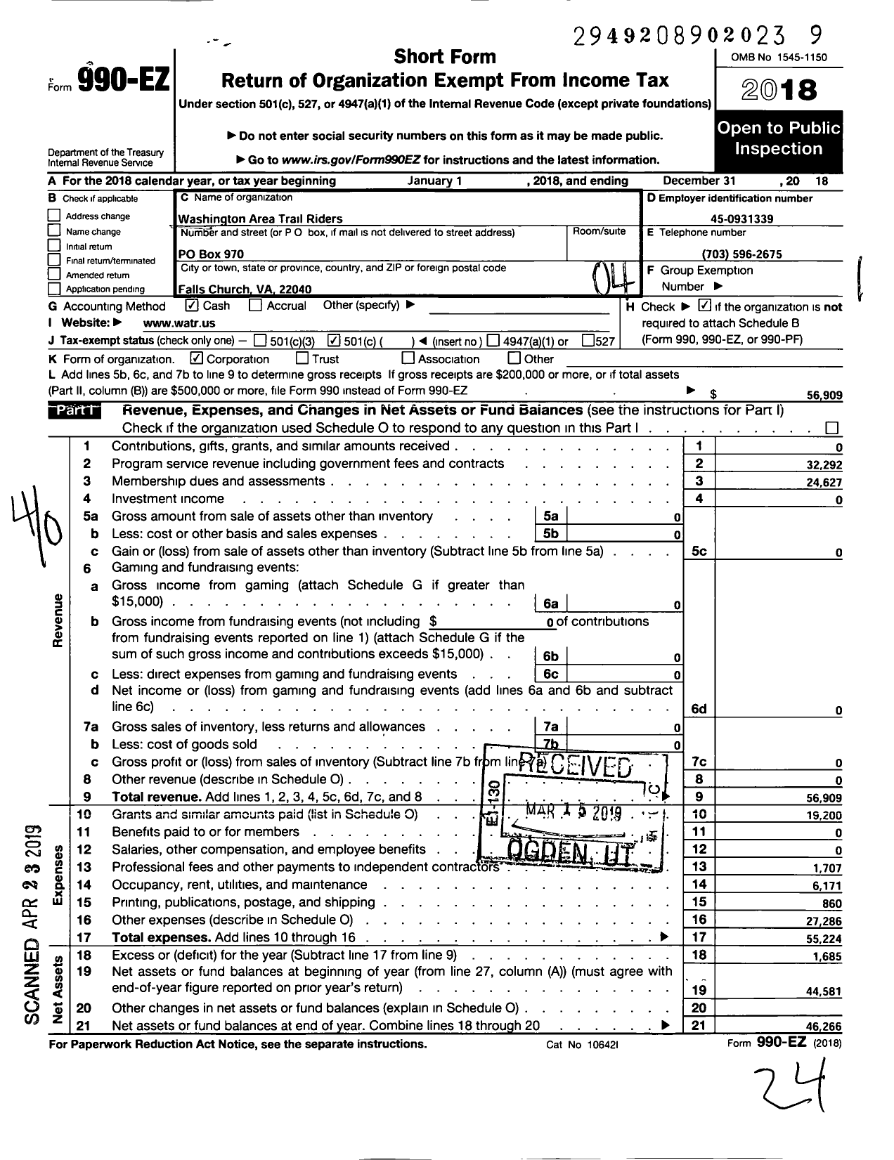 Image of first page of 2018 Form 990EO for Washington Area Trail Riders