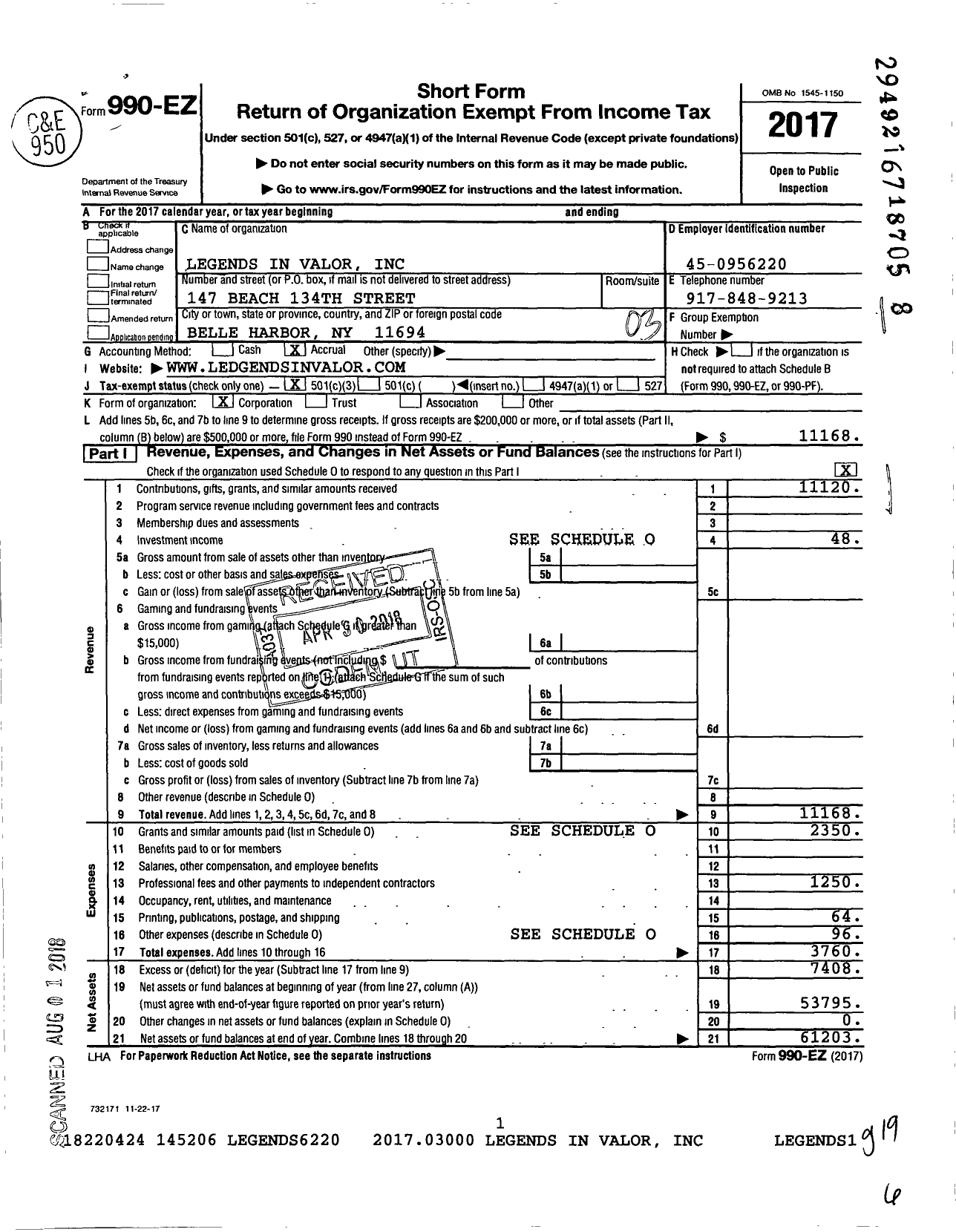 Image of first page of 2017 Form 990EZ for Legends in Valor