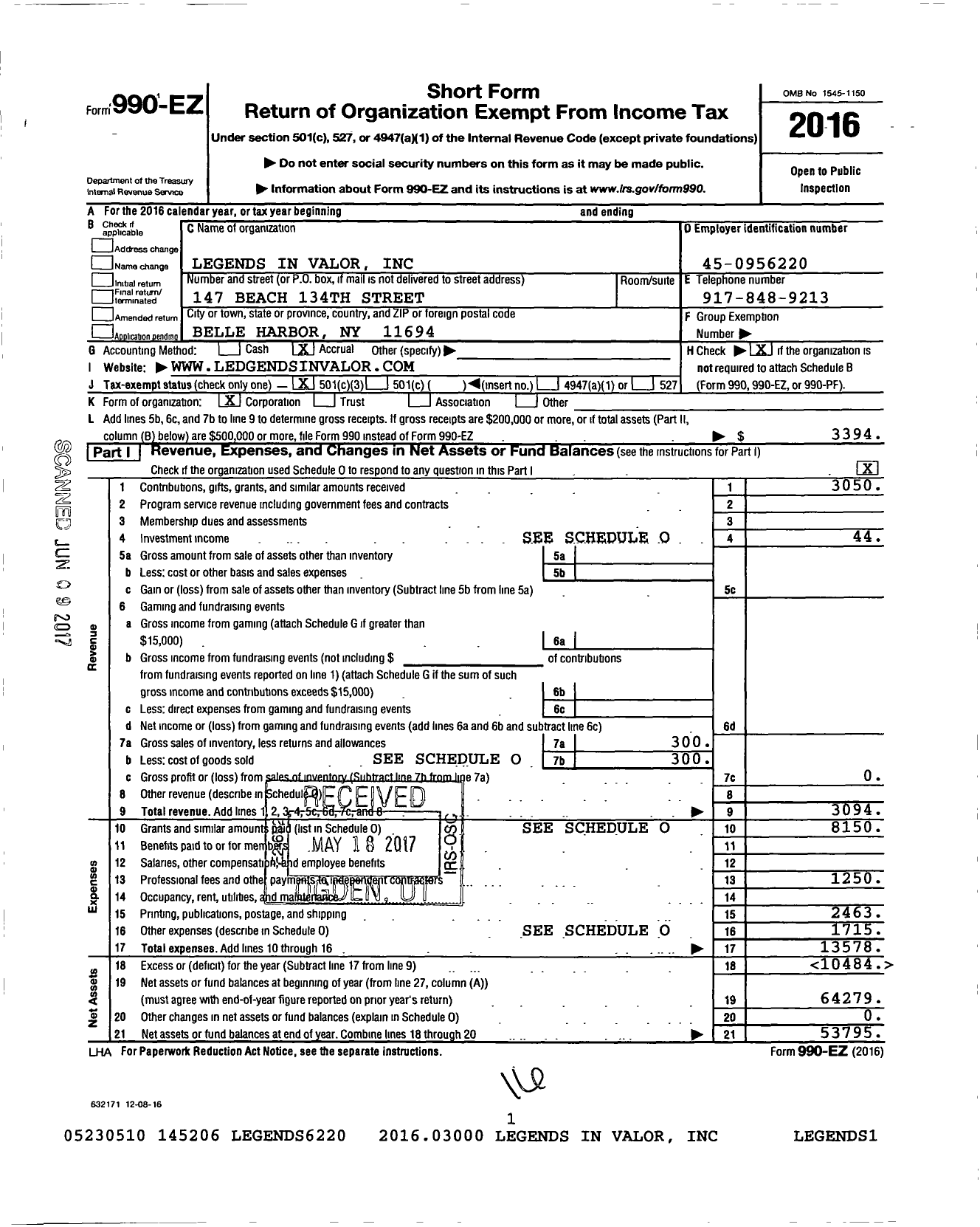 Image of first page of 2016 Form 990EZ for Legends in Valor