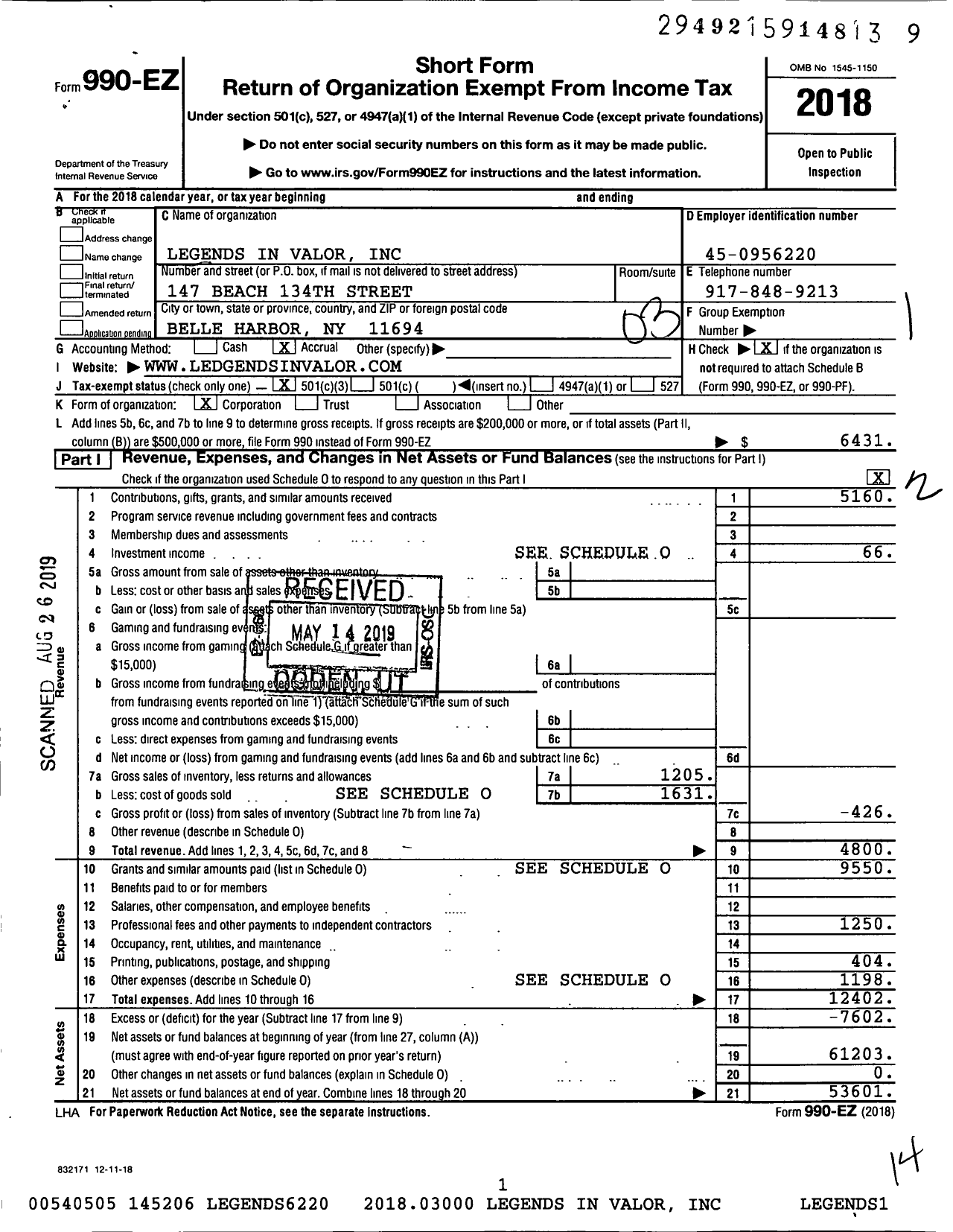 Image of first page of 2018 Form 990EZ for Legends in Valor