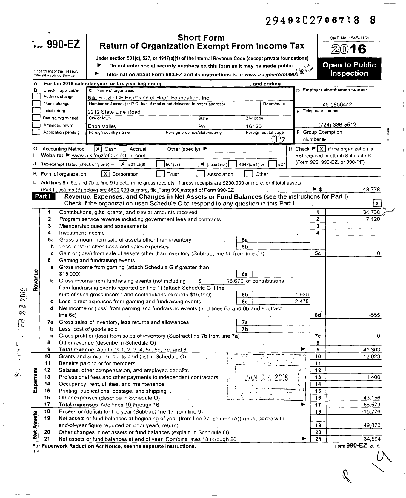 Image of first page of 2016 Form 990EZ for Niki Feezle Cf Explosion of Hope Foundation