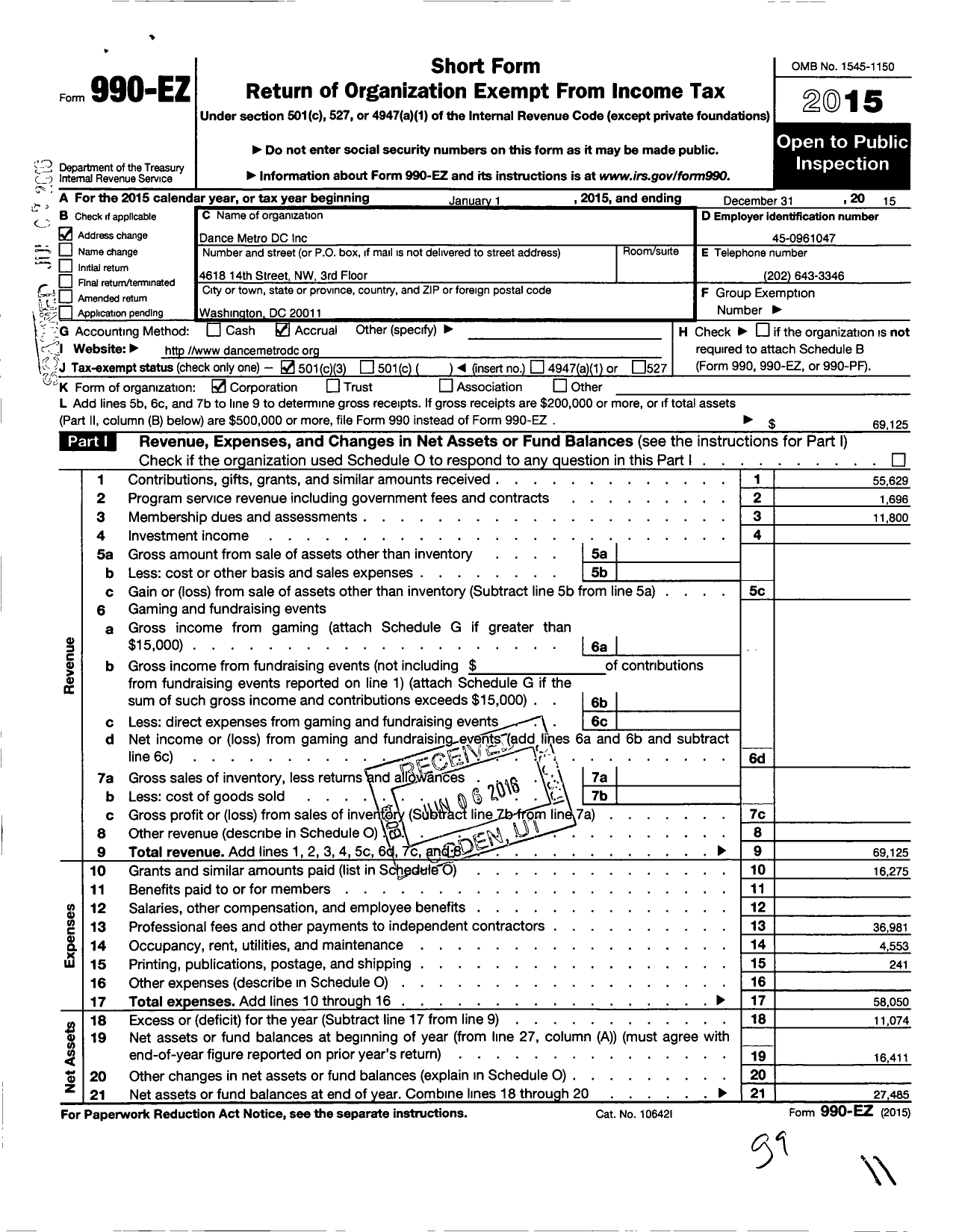 Image of first page of 2015 Form 990EZ for Dance Metrodc