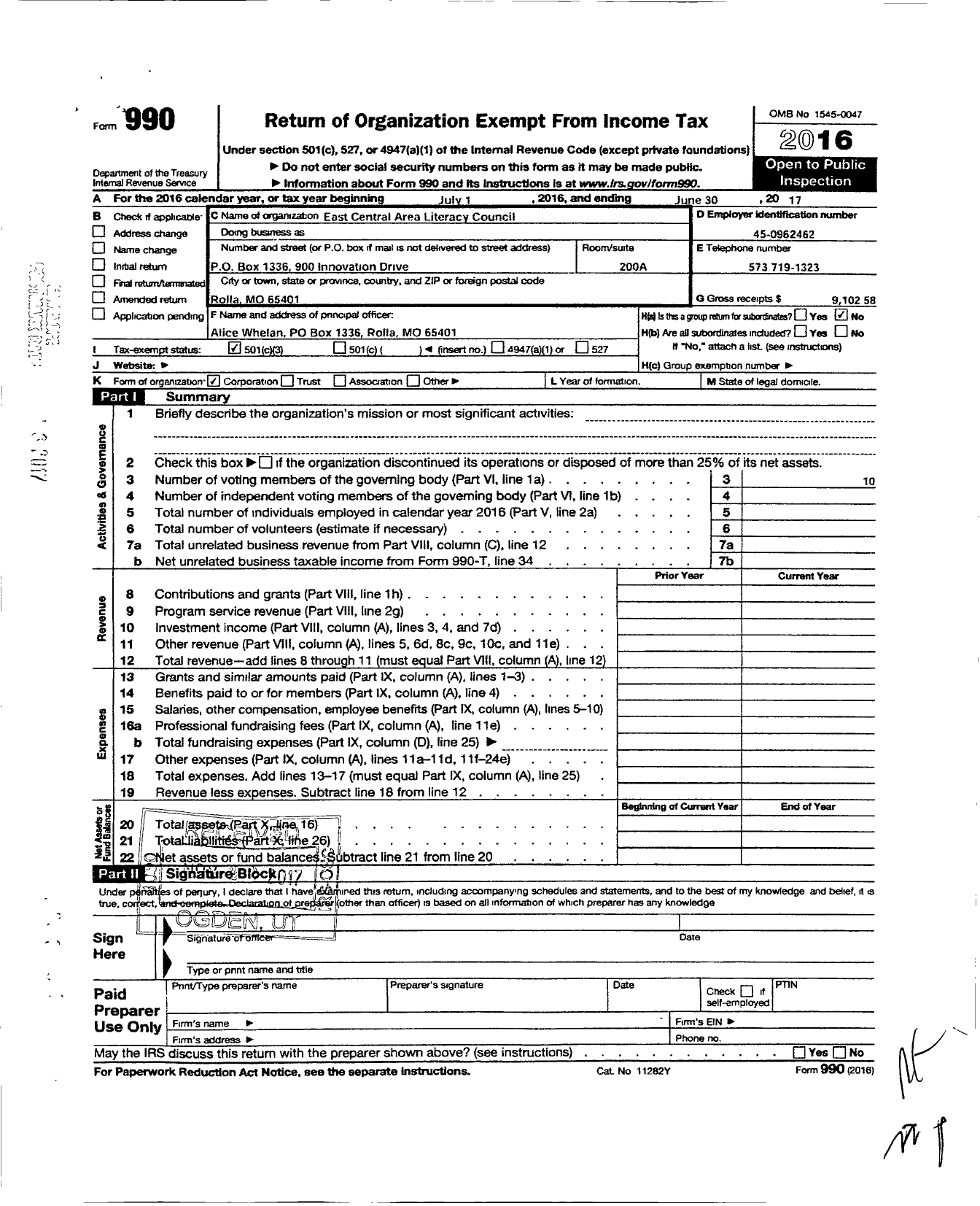 Image of first page of 2016 Form 990 for East Central Area Literacy Council