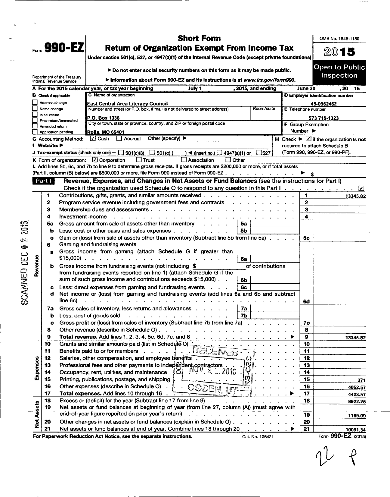 Image of first page of 2015 Form 990EO for East Central Area Literacy Council