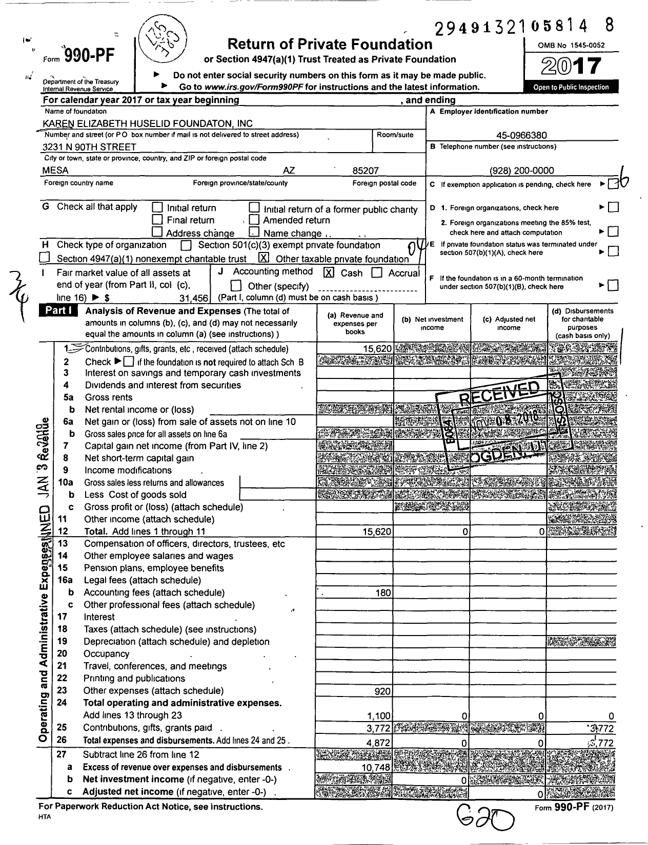 Image of first page of 2017 Form 990PF for Karen Elizabeth Huselid Foundaton