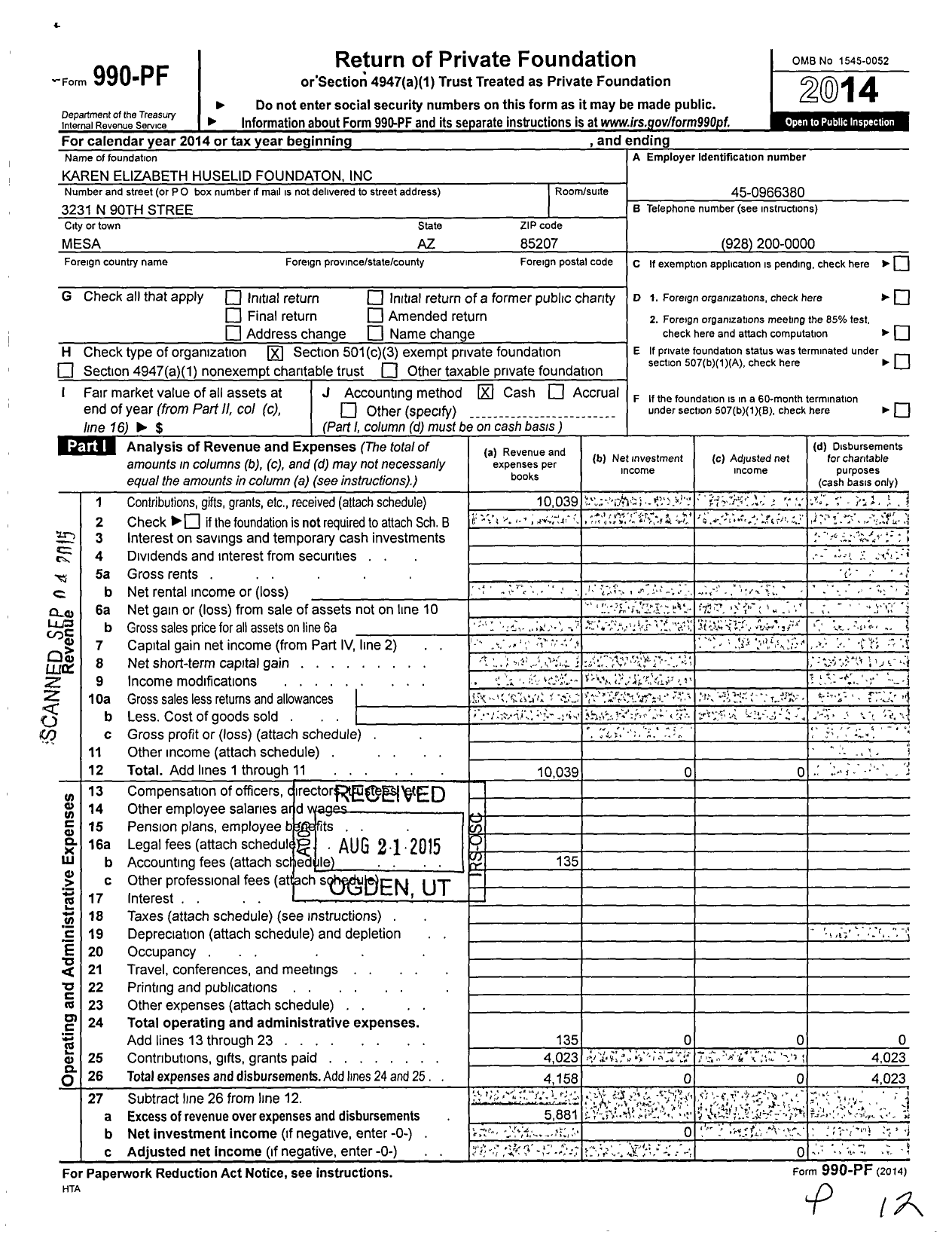 Image of first page of 2014 Form 990PF for Karen Elizabeth Huselid Foundaton