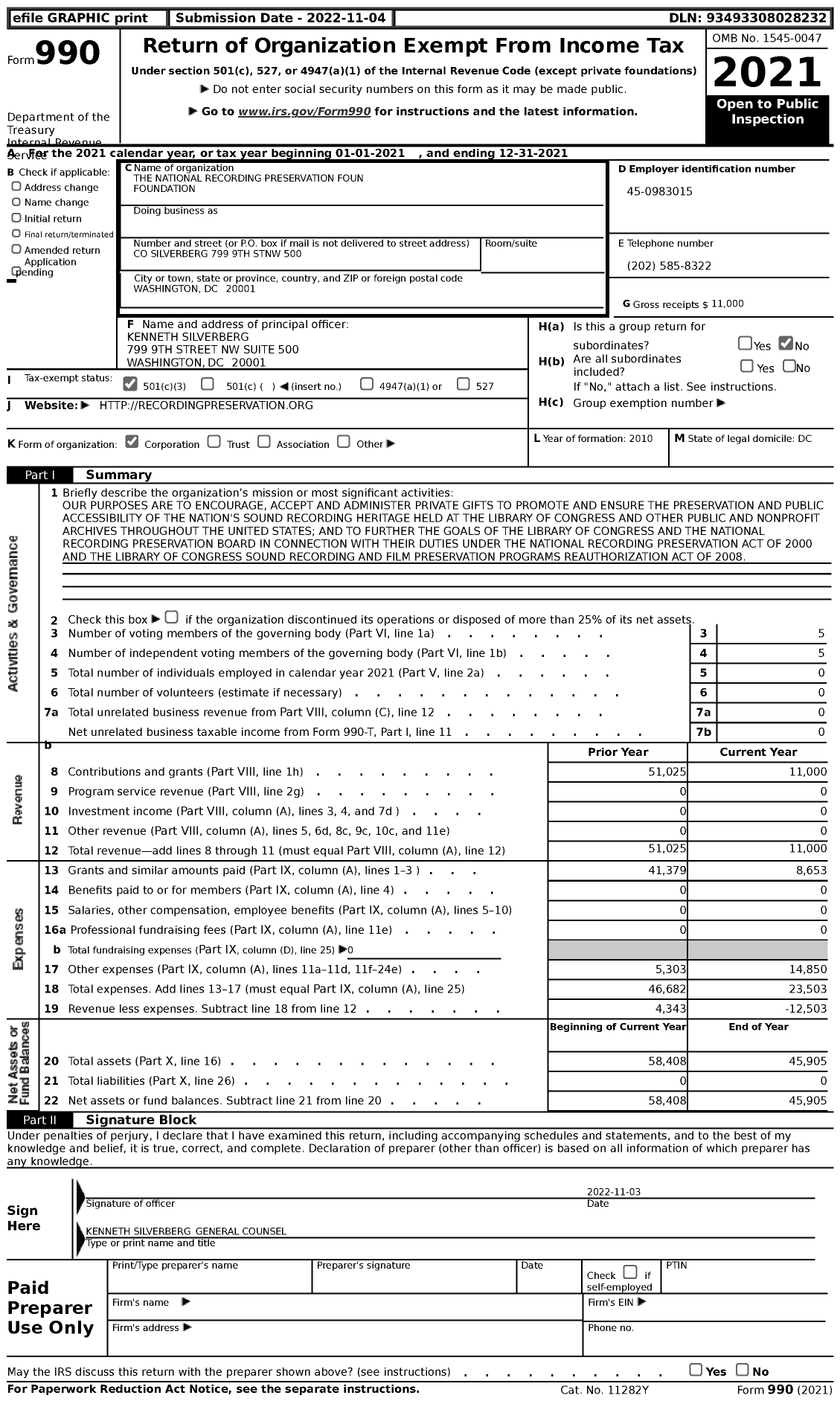 Image of first page of 2021 Form 990 for The National Recording Preservation Foundation