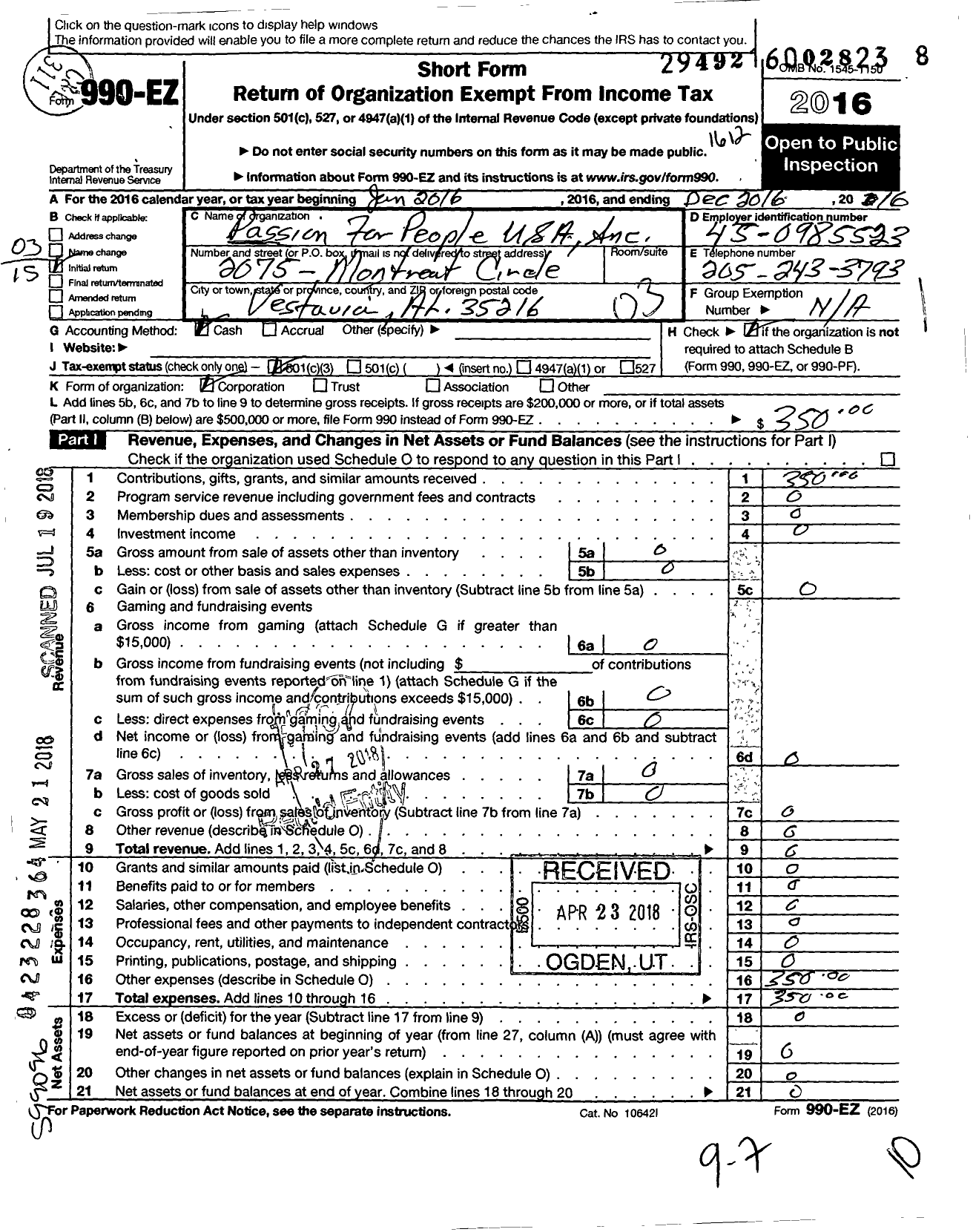 Image of first page of 2016 Form 990EZ for Passion for People USA