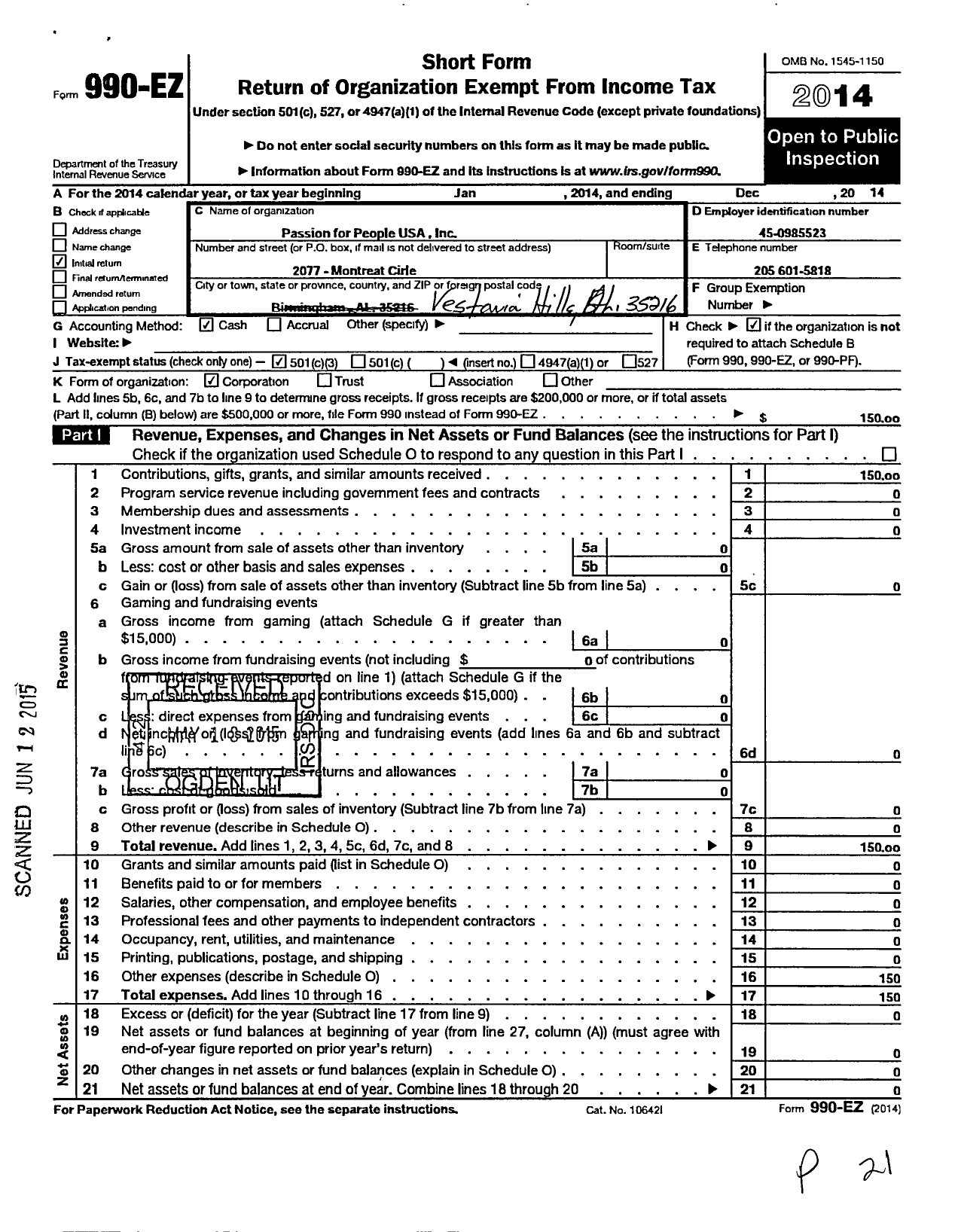 Image of first page of 2014 Form 990EZ for Passion for People USA