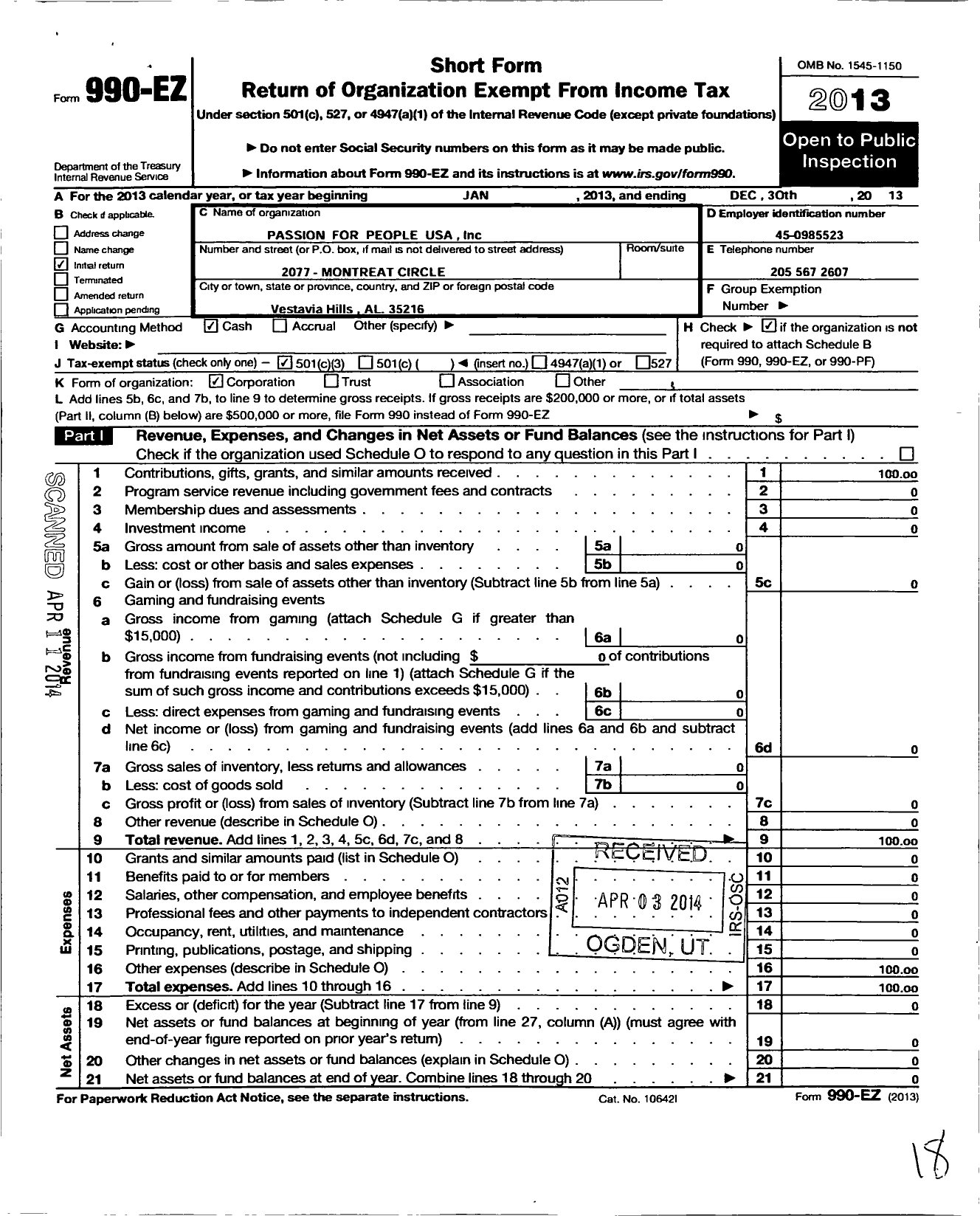 Image of first page of 2013 Form 990EZ for Passion for People USA