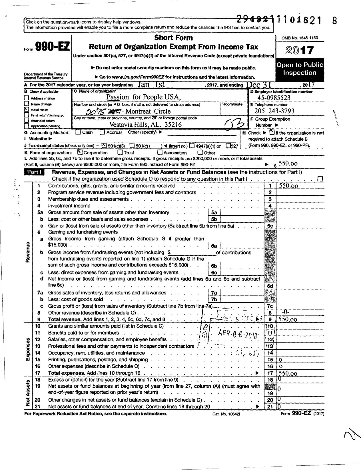 Image of first page of 2017 Form 990EZ for Passion for People USA