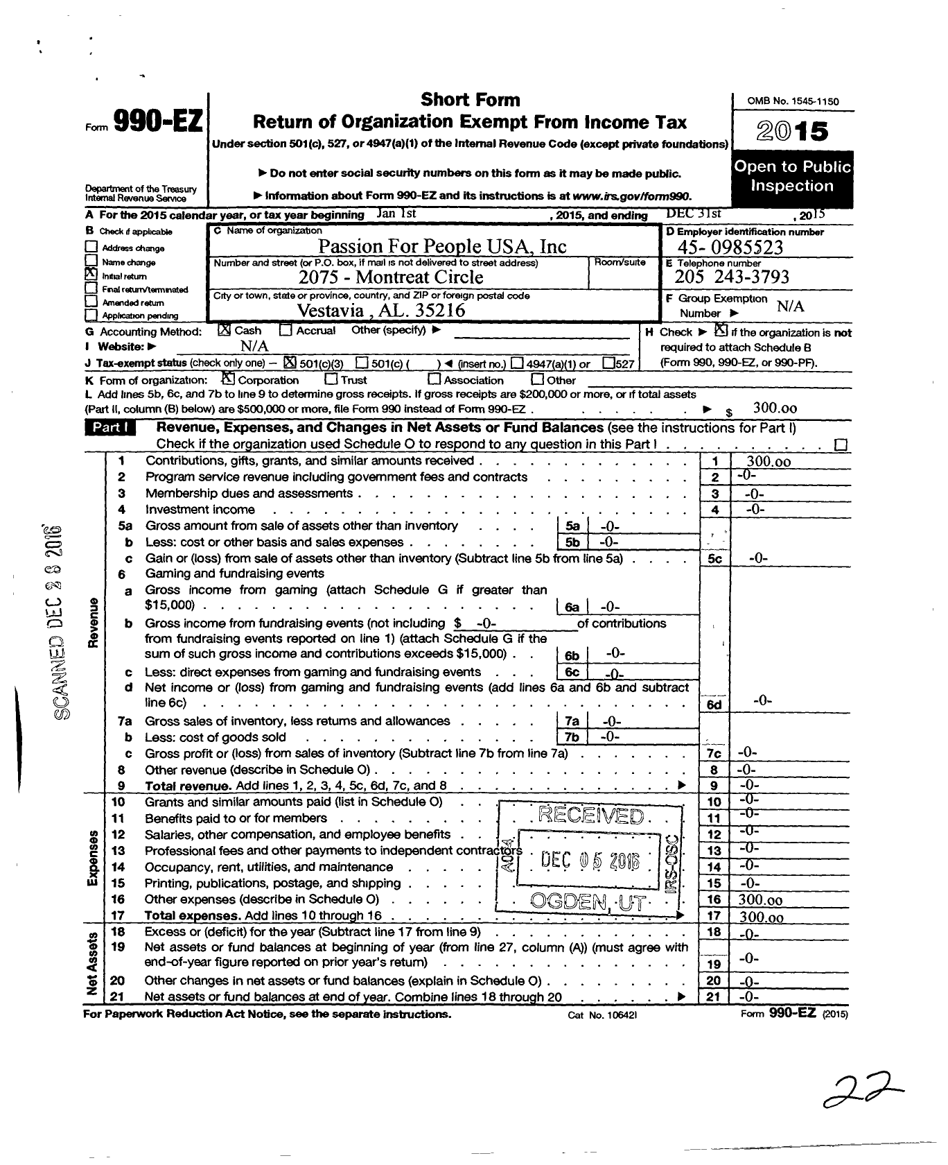 Image of first page of 2015 Form 990EZ for Passion for People USA