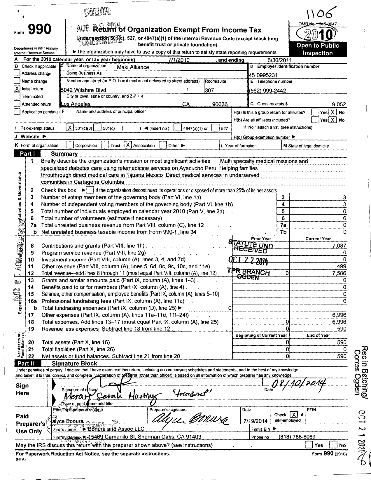 Image of first page of 2010 Form 990 for Maki Alliance