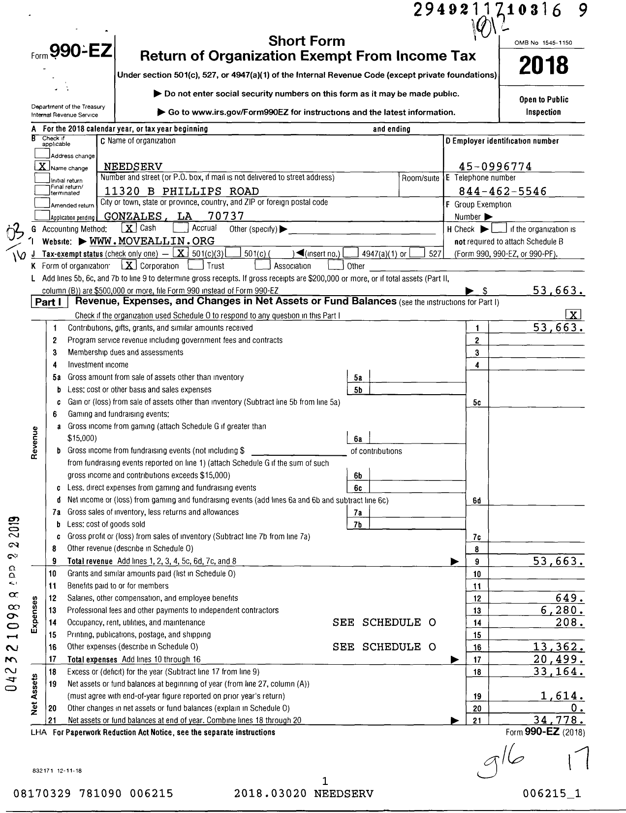 Image of first page of 2018 Form 990EZ for Needserv