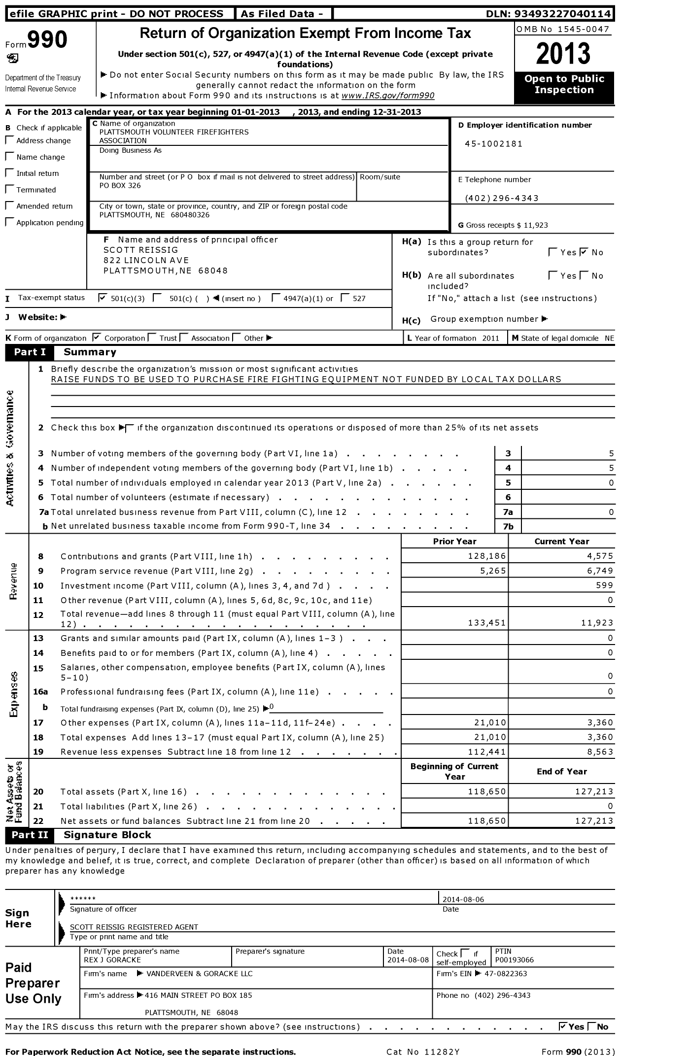 Image of first page of 2013 Form 990 for Plattsmouth Volunteer Firefighters Association