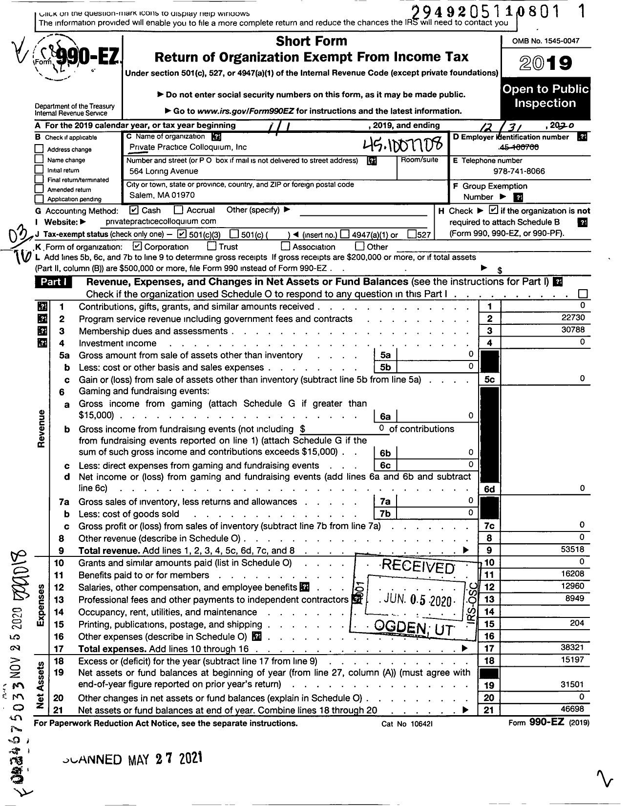 Image of first page of 2020 Form 990EZ for Private Practice Colloquium