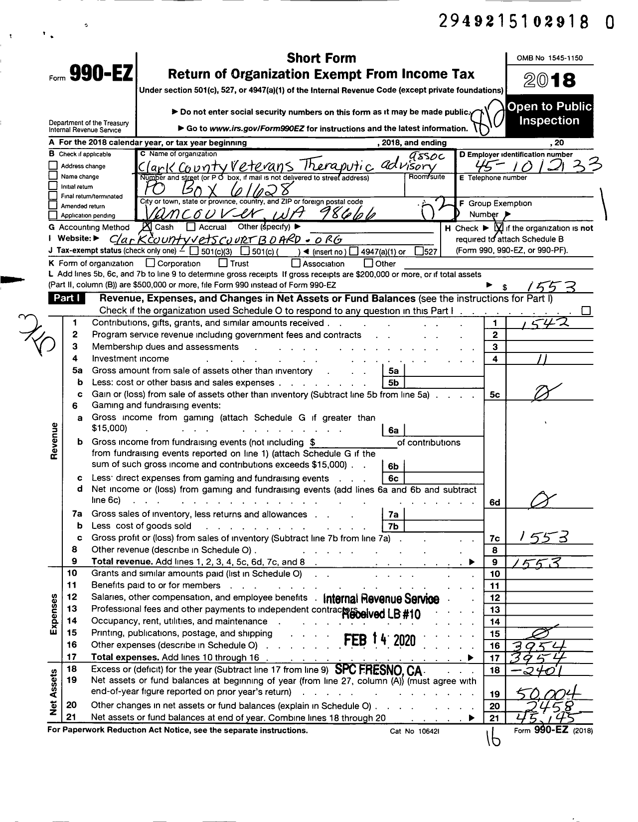 Image of first page of 2018 Form 990EZ for The Veterans & First Responders Board of SW WA