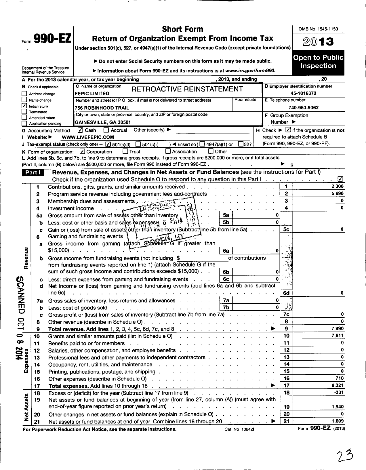 Image of first page of 2013 Form 990EZ for Fepic Limited