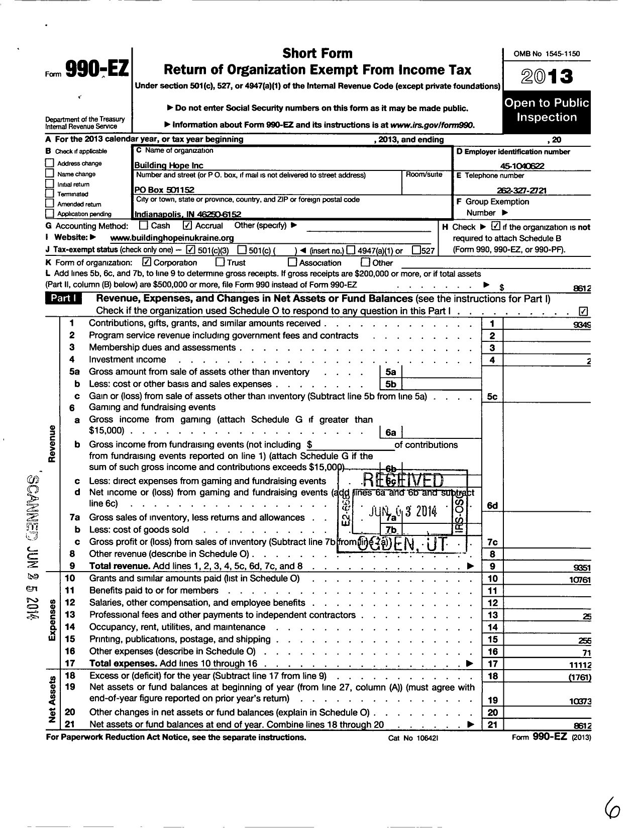 Image of first page of 2013 Form 990EZ for Building Hope