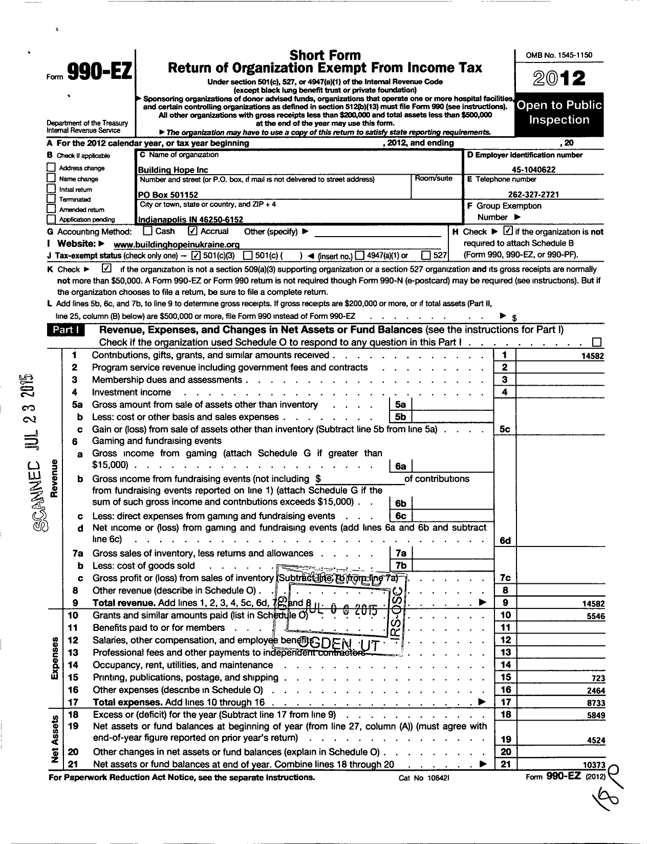 Image of first page of 2012 Form 990EZ for Building Hope