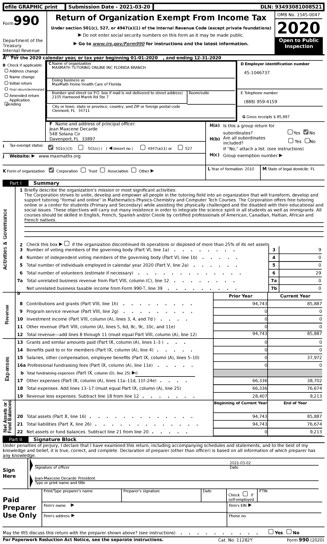 Image of first page of 2020 Form 990 for MaxMath Home Health Care Agency of Florida