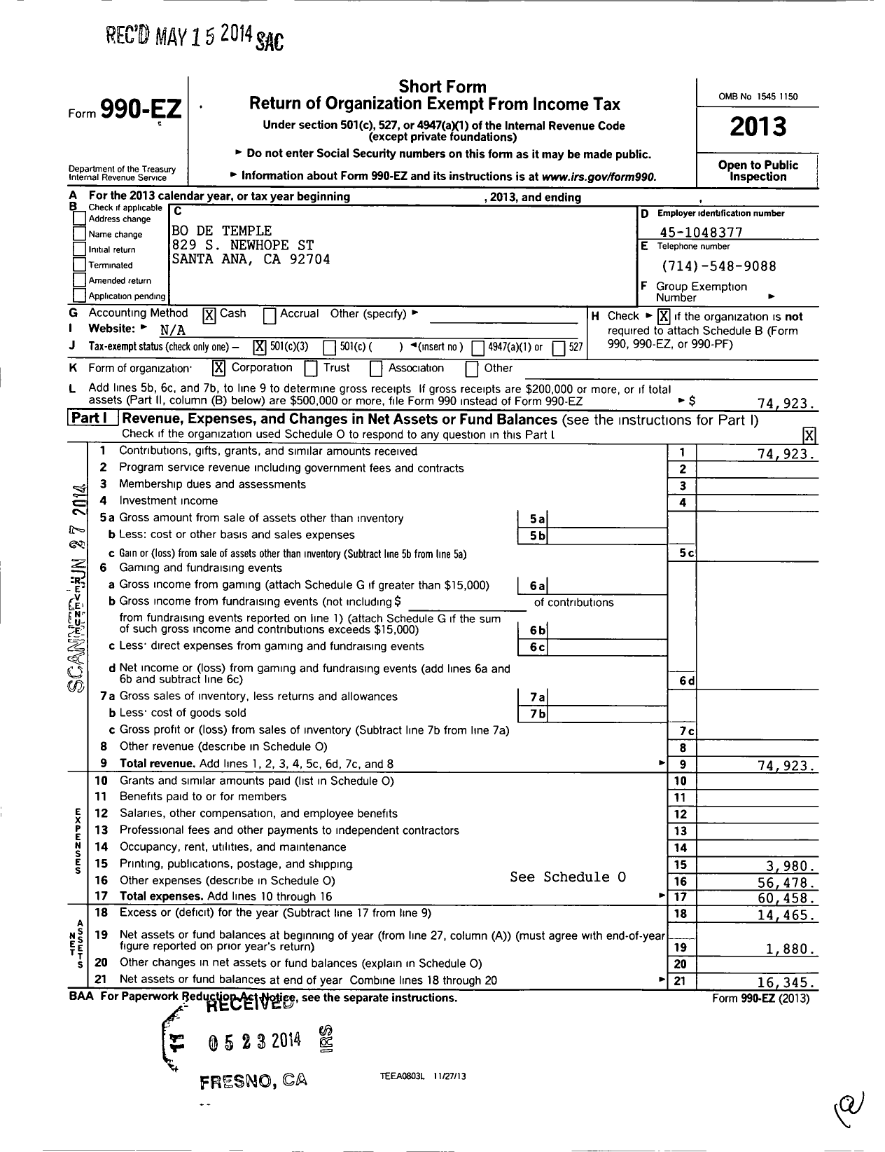 Image of first page of 2013 Form 990EZ for American Bo de Buddhist Temple Association