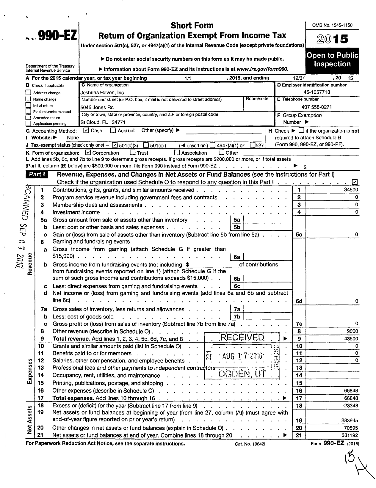 Image of first page of 2015 Form 990EZ for Joshuas Haven