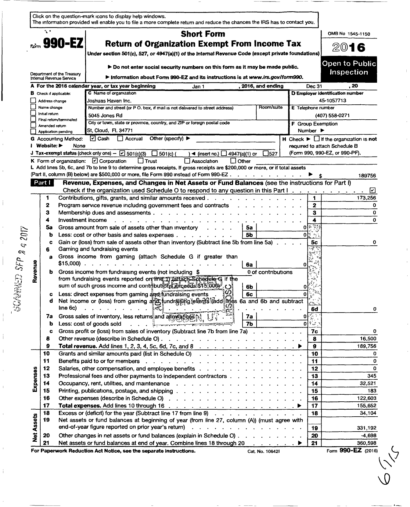 Image of first page of 2016 Form 990EZ for Joshuas Haven