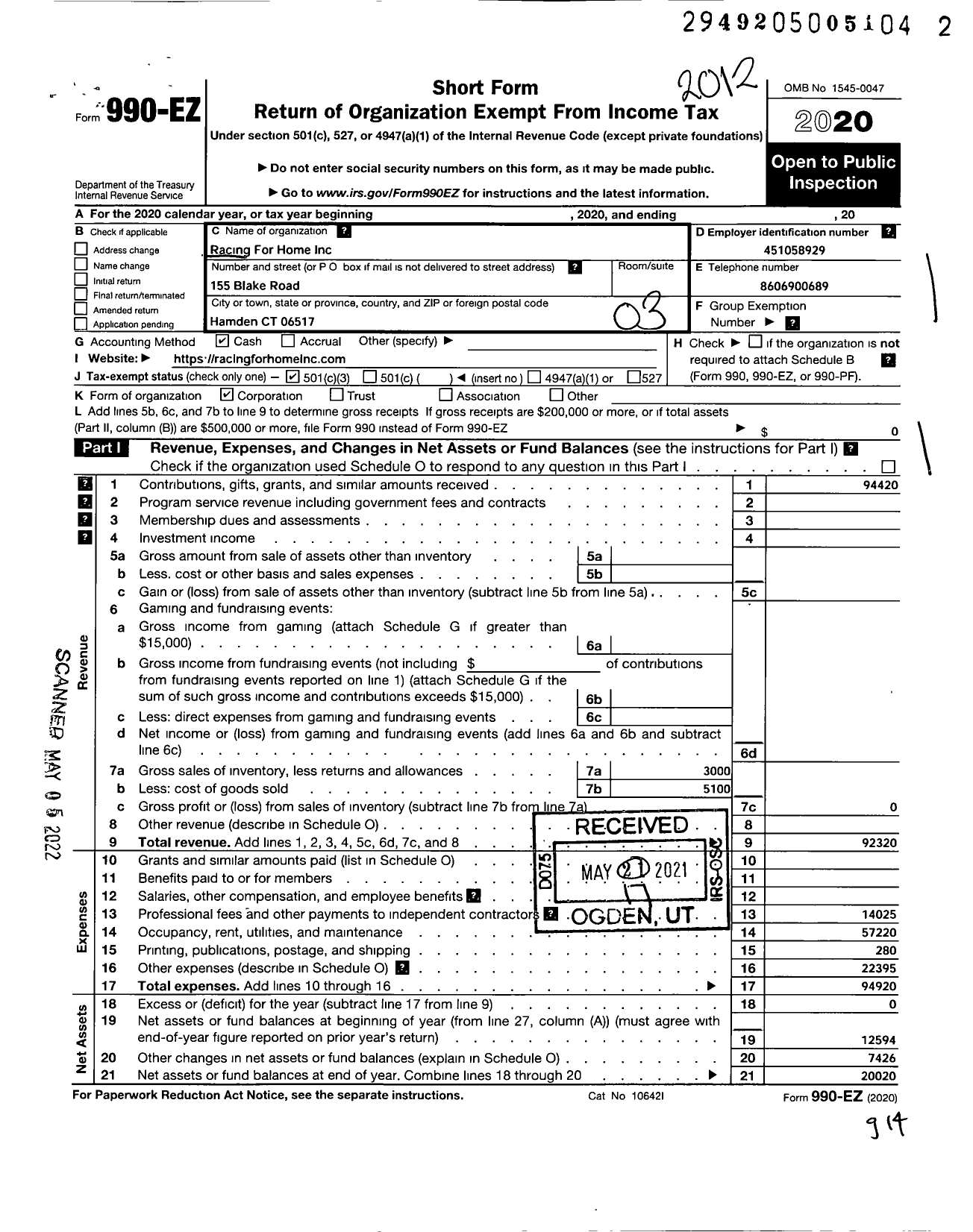 Image of first page of 2020 Form 990EZ for Racing for Home