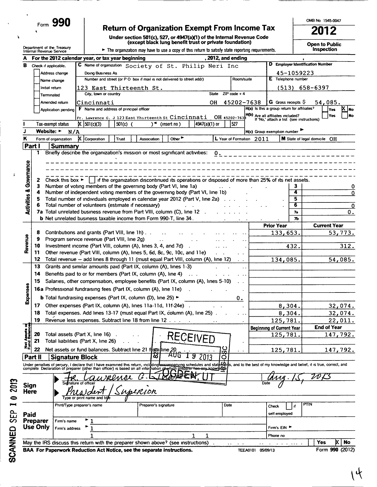 Image of first page of 2012 Form 990 for Society of St Philip Neri