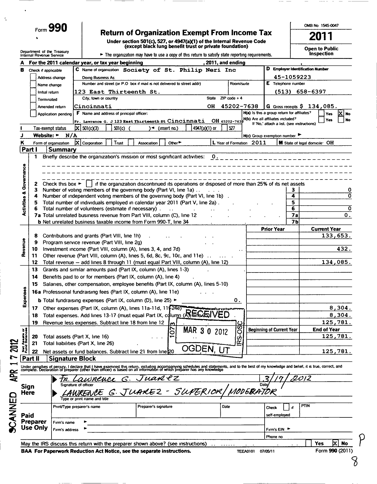 Image of first page of 2011 Form 990 for Society of St Philip Neri