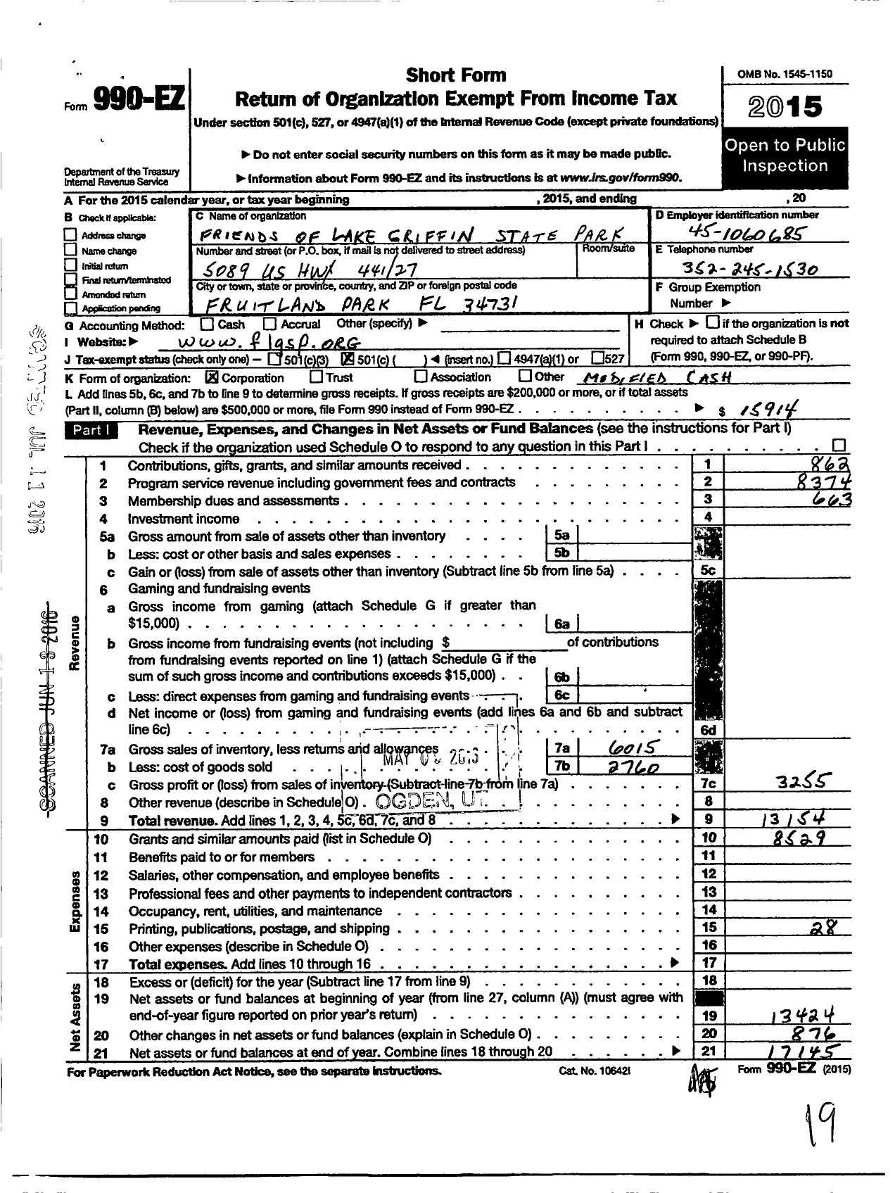 Image of first page of 2015 Form 990EO for Friends of Lake Griffin State Park