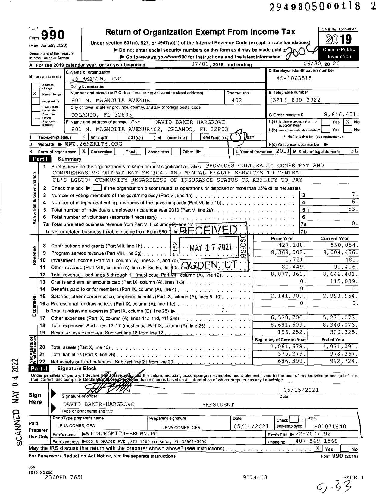 Image of first page of 2019 Form 990 for 26 Health