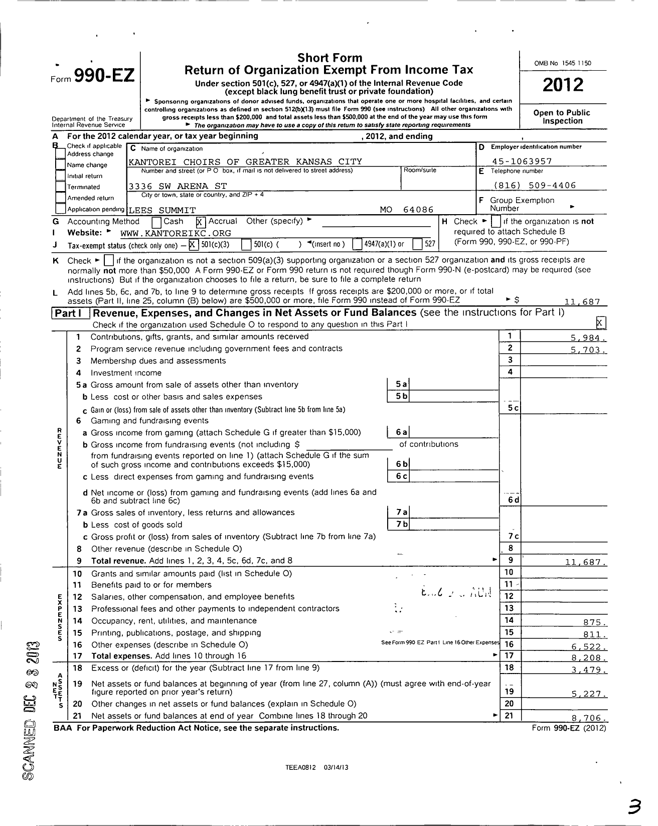 Image of first page of 2012 Form 990EZ for Kantorei of Kansas City