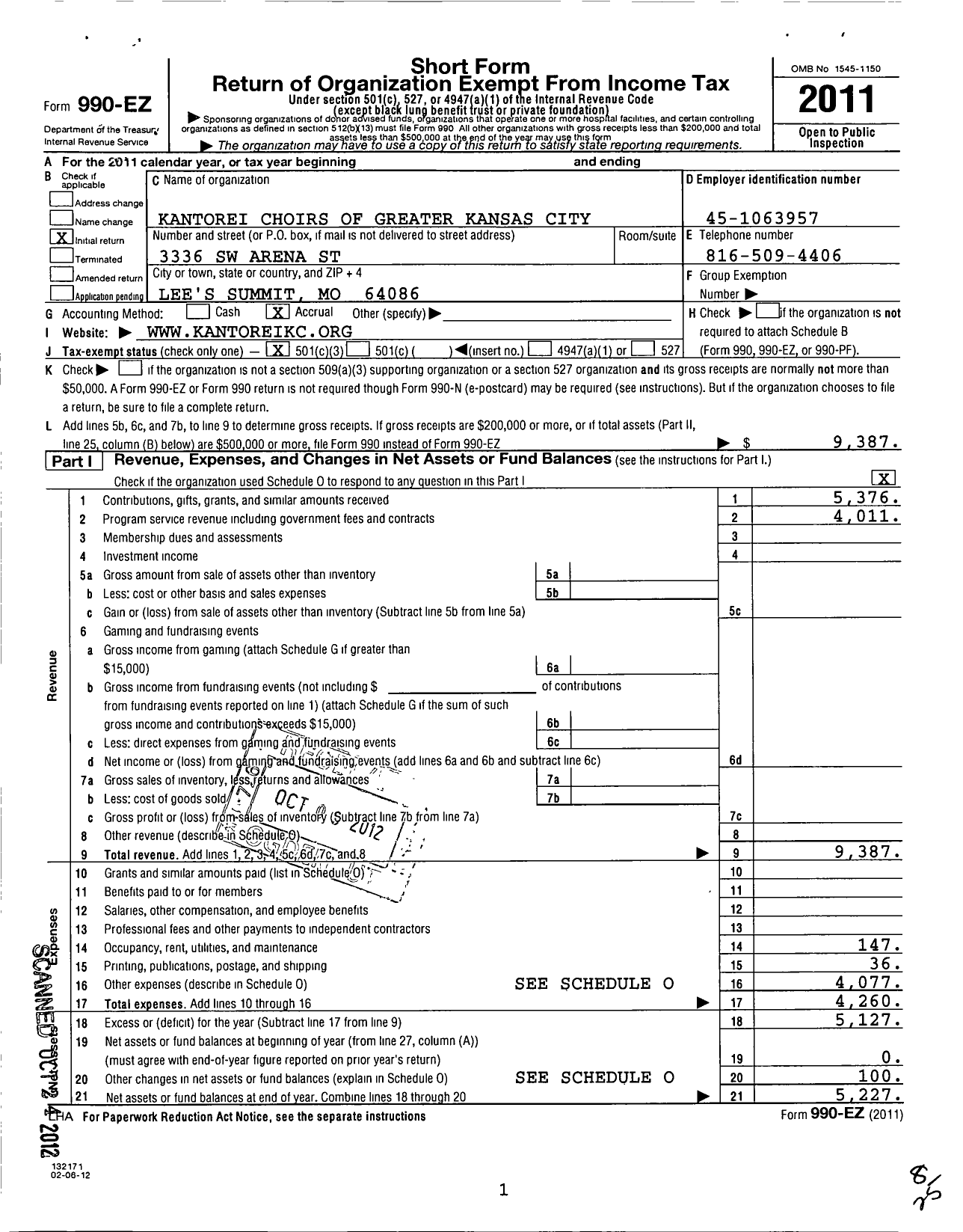 Image of first page of 2011 Form 990EZ for Kantorei of Kansas City