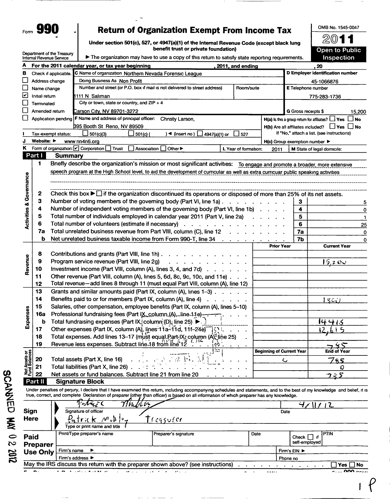 Image of first page of 2011 Form 990O for Northern Nevada Forensic League