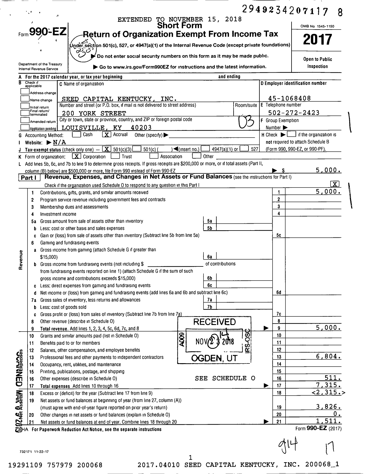 Image of first page of 2017 Form 990EZ for Seed Capital Kentucky