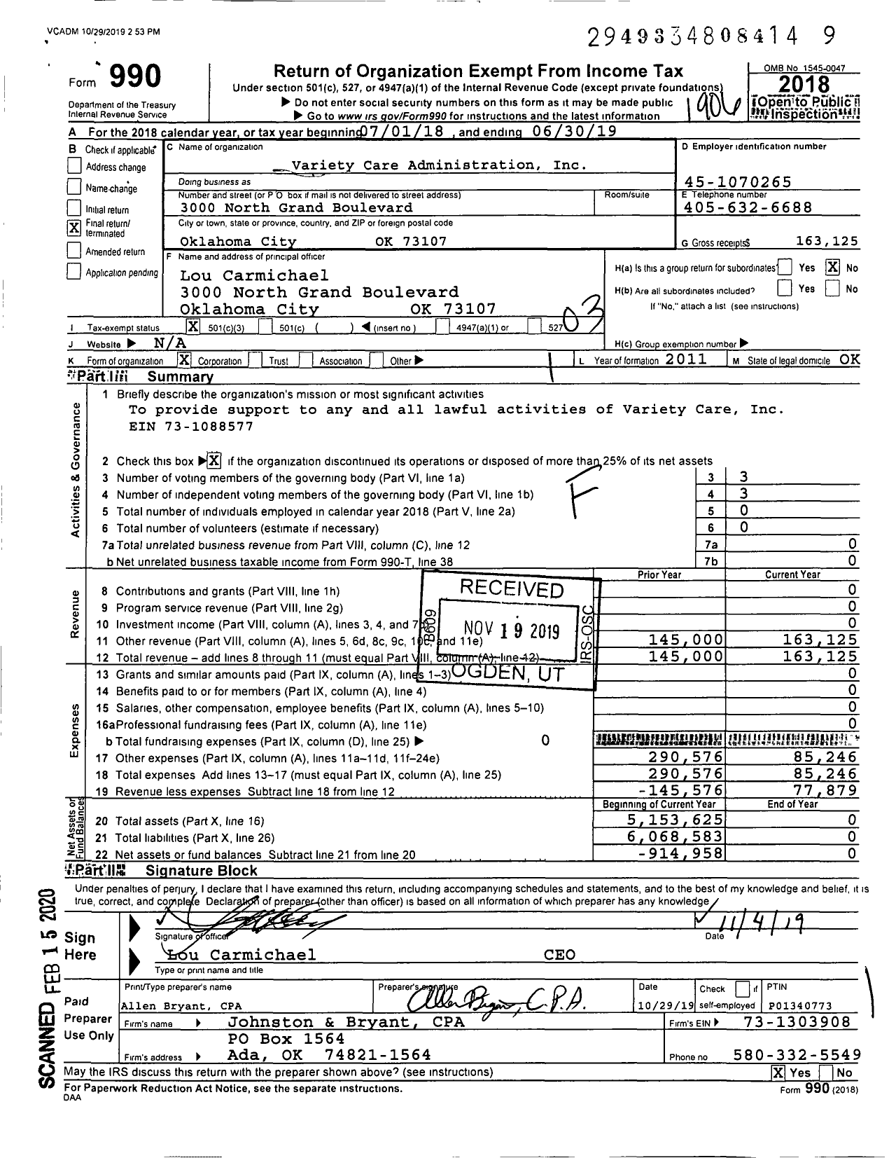 Image of first page of 2018 Form 990 for Variety Care Administration