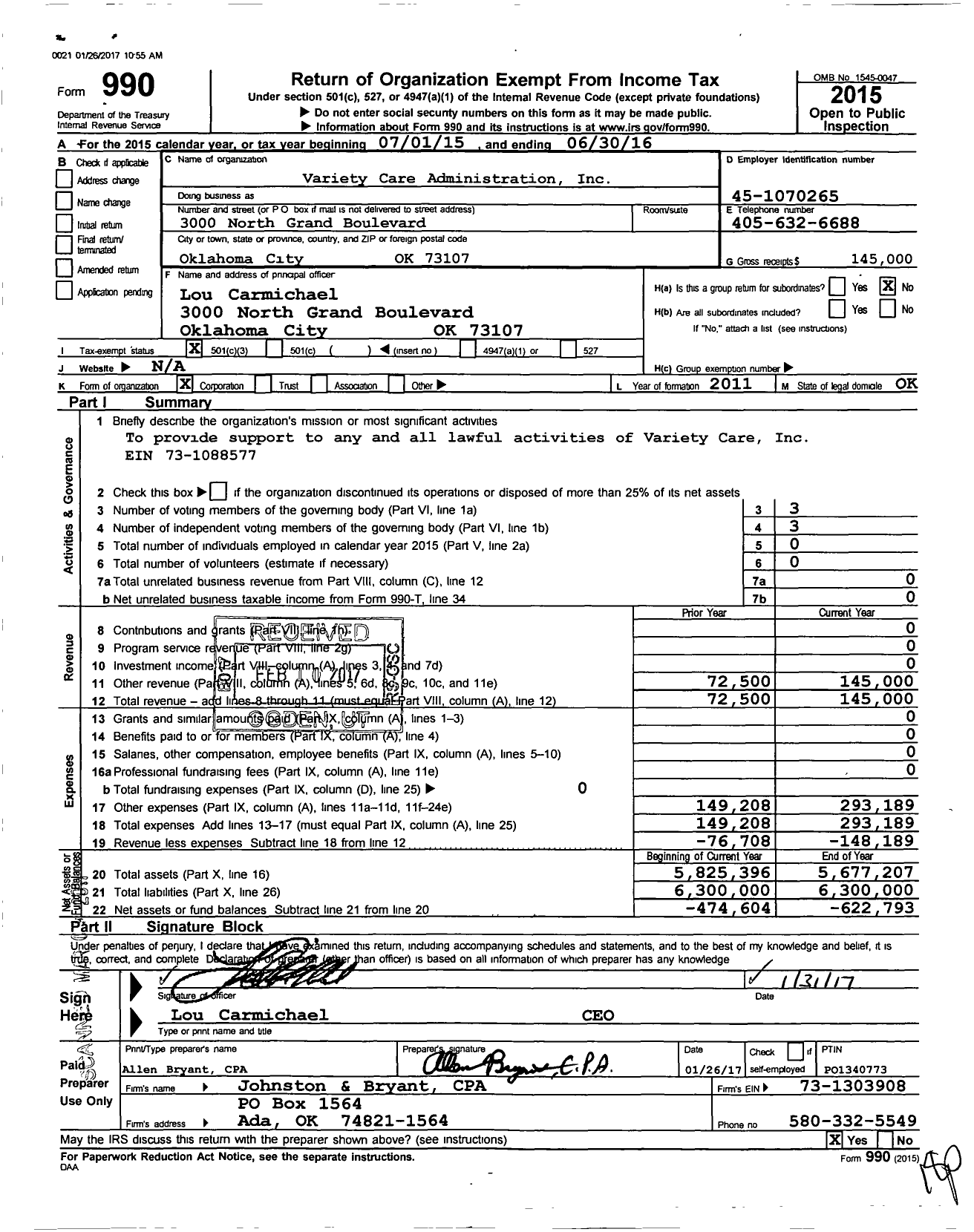 Image of first page of 2015 Form 990 for Variety Care Administration