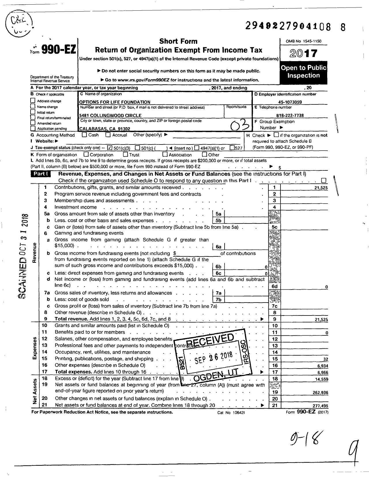 Image of first page of 2017 Form 990EZ for Options for Life Foundation