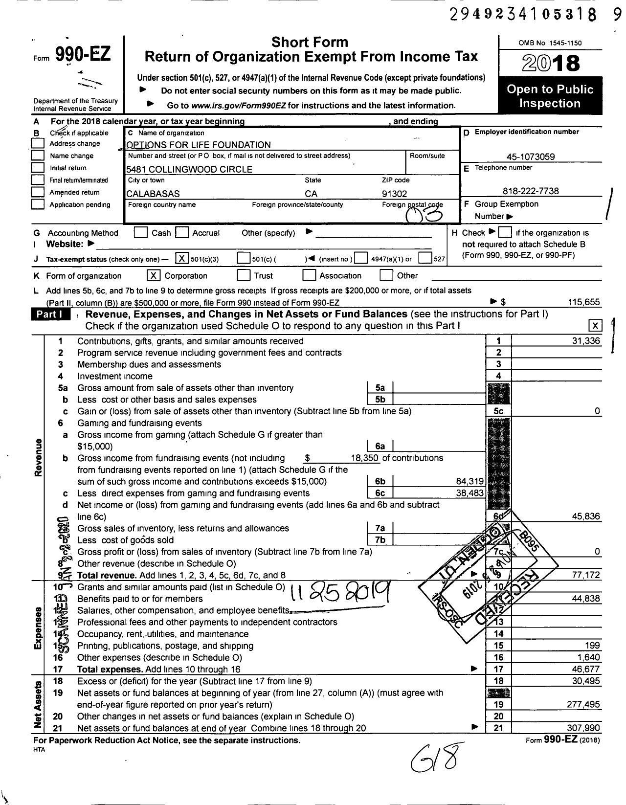 Image of first page of 2018 Form 990EZ for Options for Life Foundation