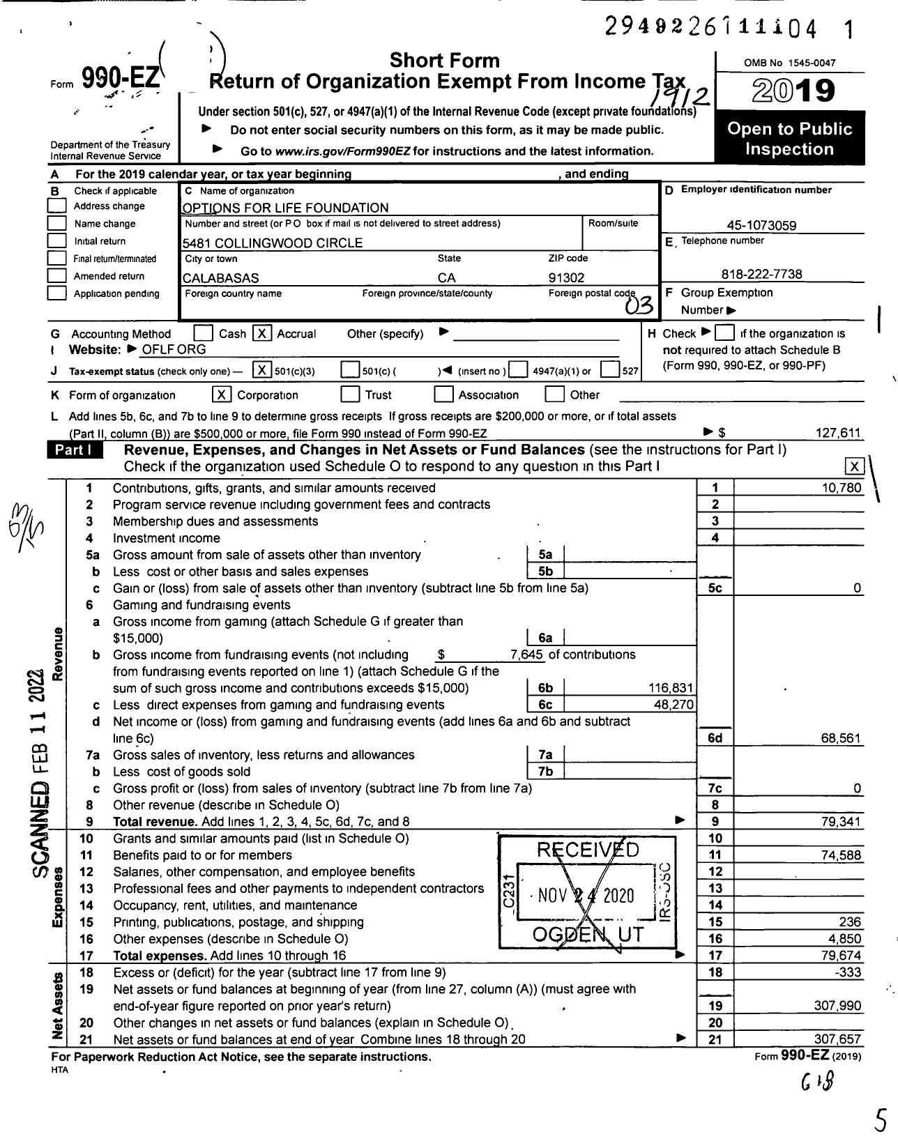 Image of first page of 2019 Form 990EZ for Options for Life Foundation